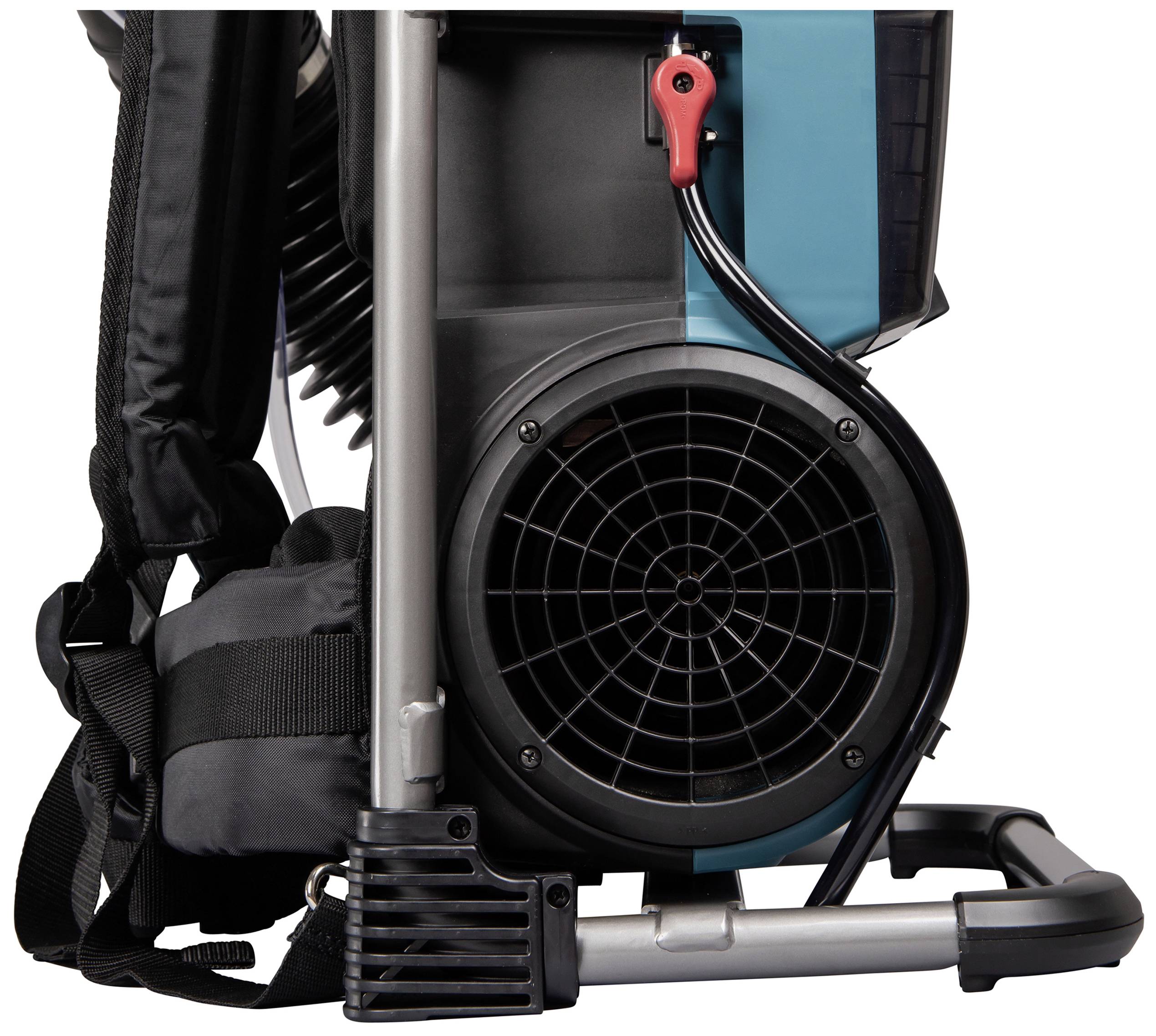 Seitenansicht eines tragbaren Laubbläsers mit großem Lüfter, Rückengurten und blau-schwarzem Gehäuse auf einem Metallrahmen.