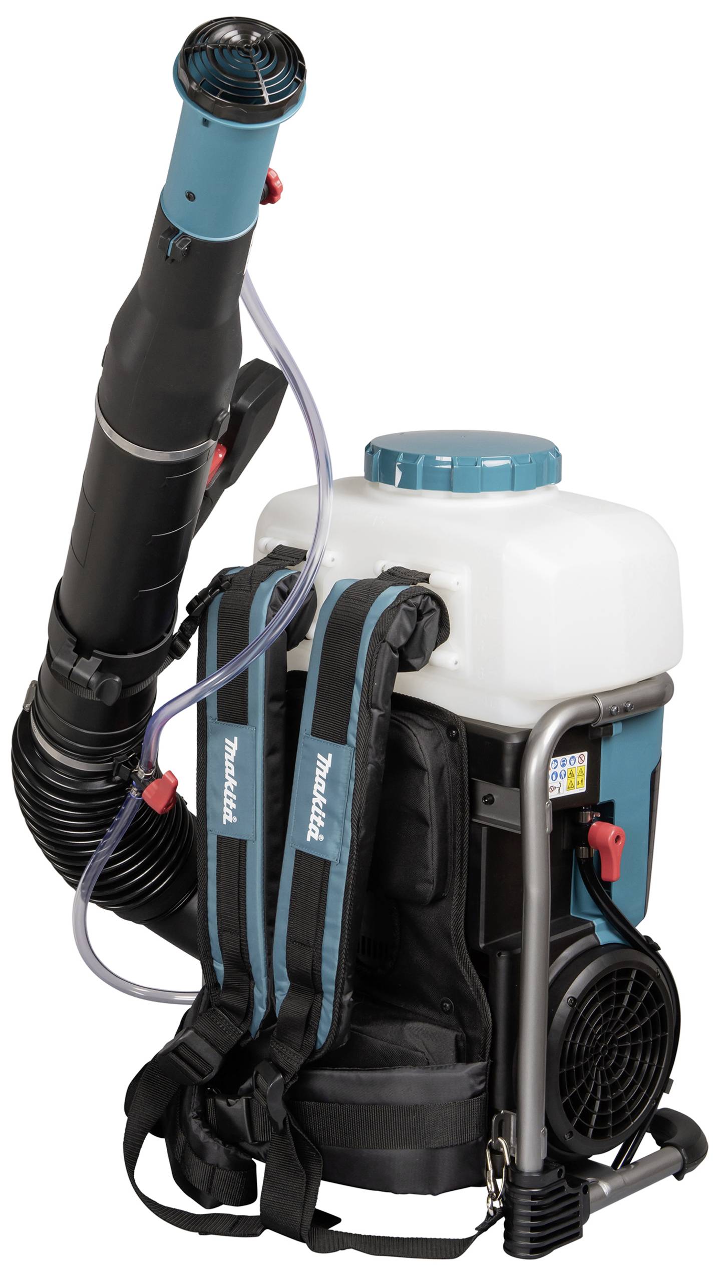 Ein tragbarer Rückensprühgerät mit großem weißen Tank und schwarzem Schlauch. Der Riemen ist gepolstert für Komfort.