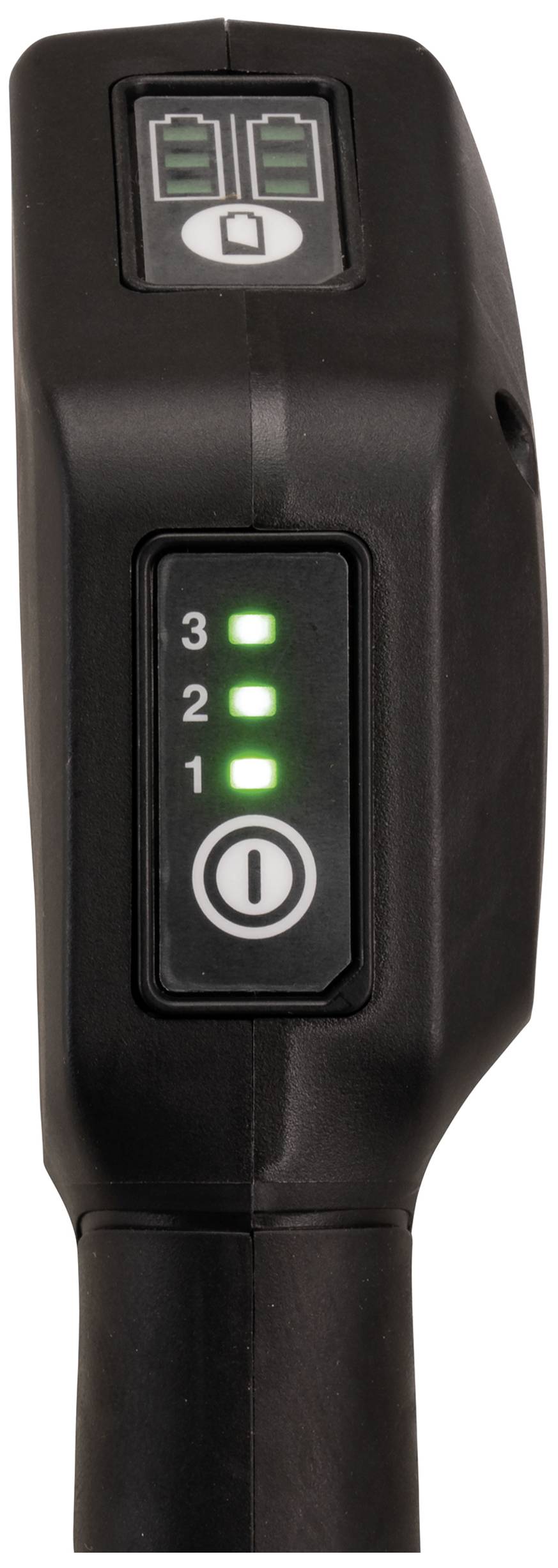 Elektronische Fahrradsteuerung mit drei leuchtenden grünen Lichtern für Gang 1, 2 und 3, sowie einem Power-Knopf darunter.