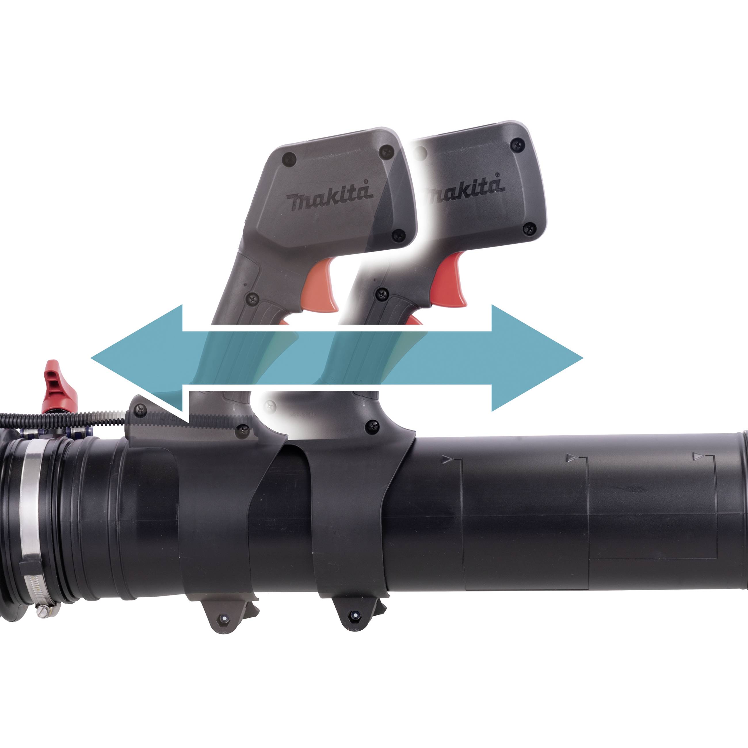 Elektrisches Werkzeug mit zwei Griffen zeigt Pfeilbewegung, symbolisiert Vorwärts- und Rückwärtsbewegung, ergonomisches Design.