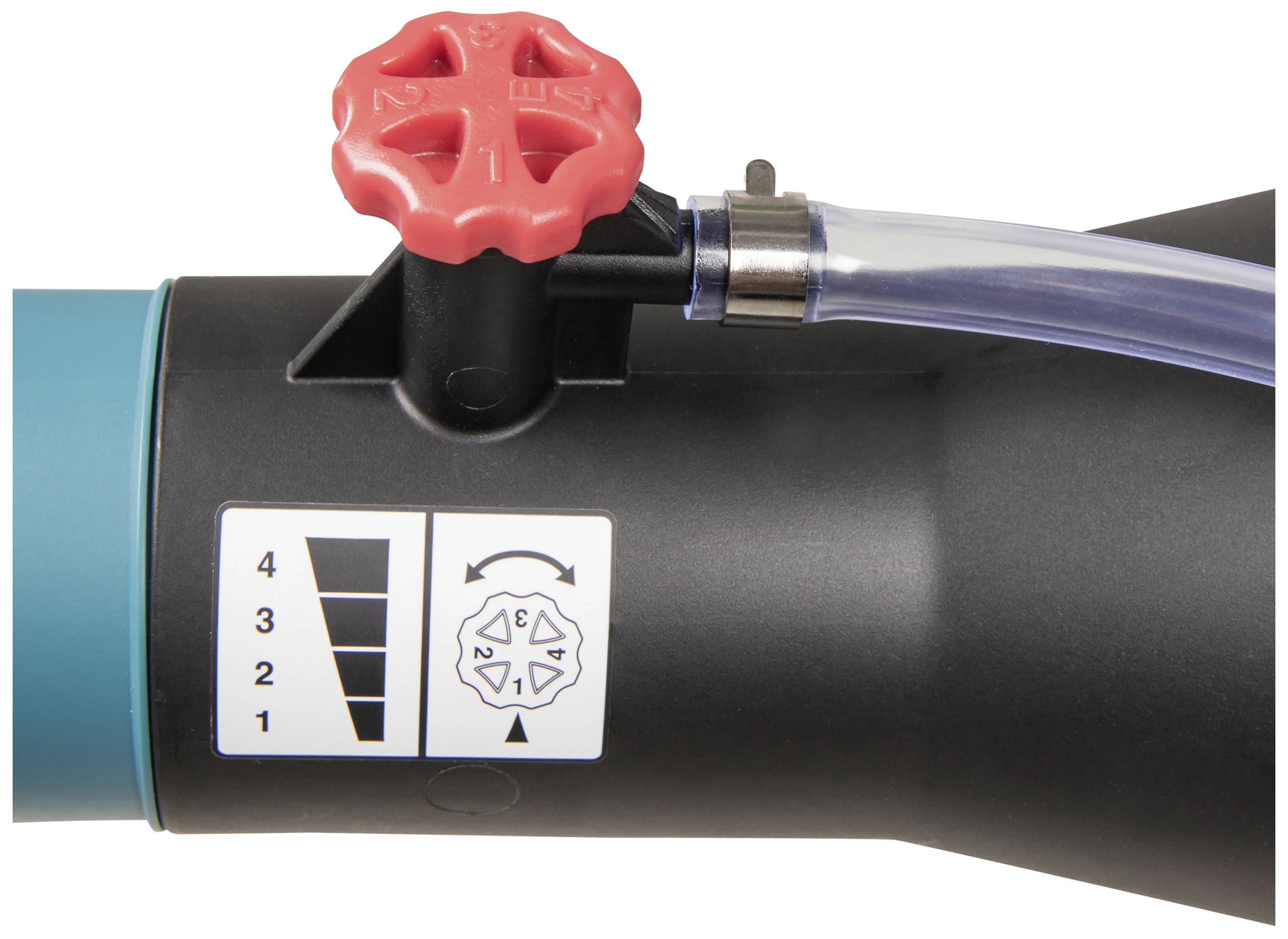 Ein schwarzer Wasserhahn mit rotem Ventilgriff, daneben Symbole für Wasserdurchflussstufen von 1 bis 4 und ein Symbol für Drehrichtung.