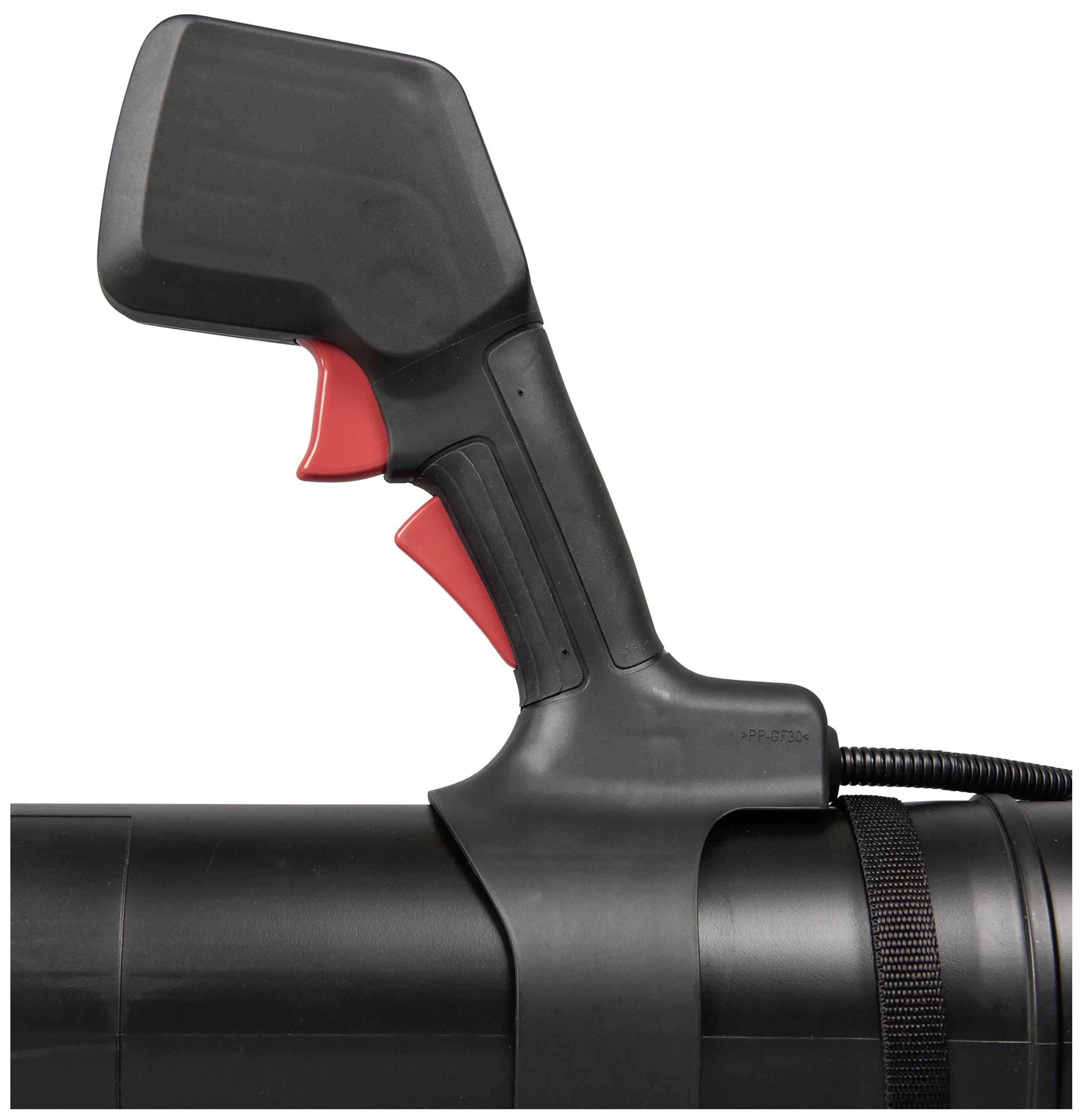 Ein schwarzer, ergonomisch geformter Griff mit roten Abzügen, montiert auf einem großen, runden schwarzen Rohr.