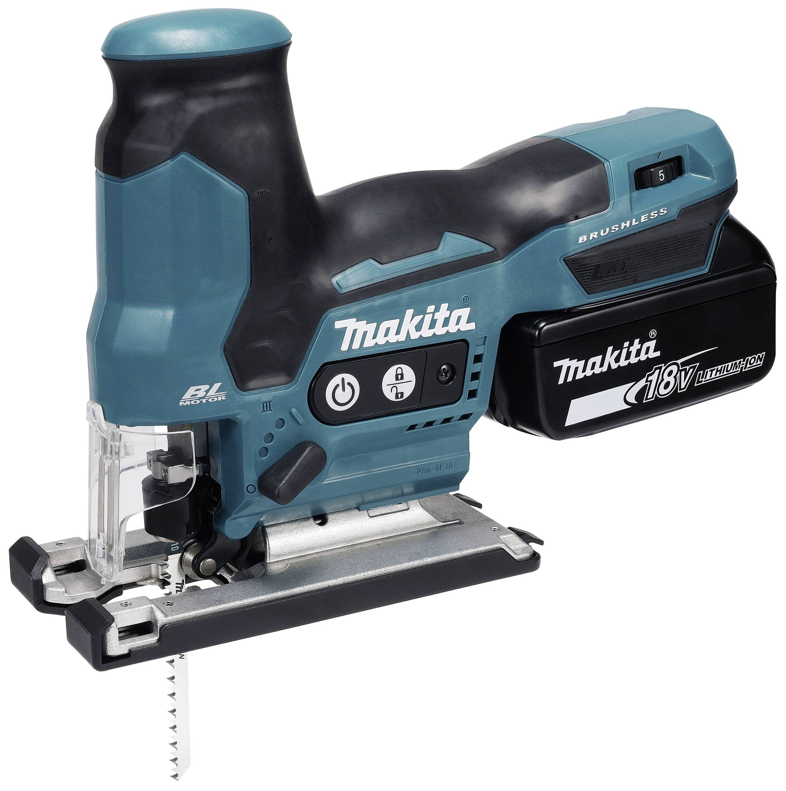 Akku-Stichsäge der Marke Makita, Modell 18V. Das Gerät hat ein ergonomisches Design, geeignet für präzise Schneidearbeiten.