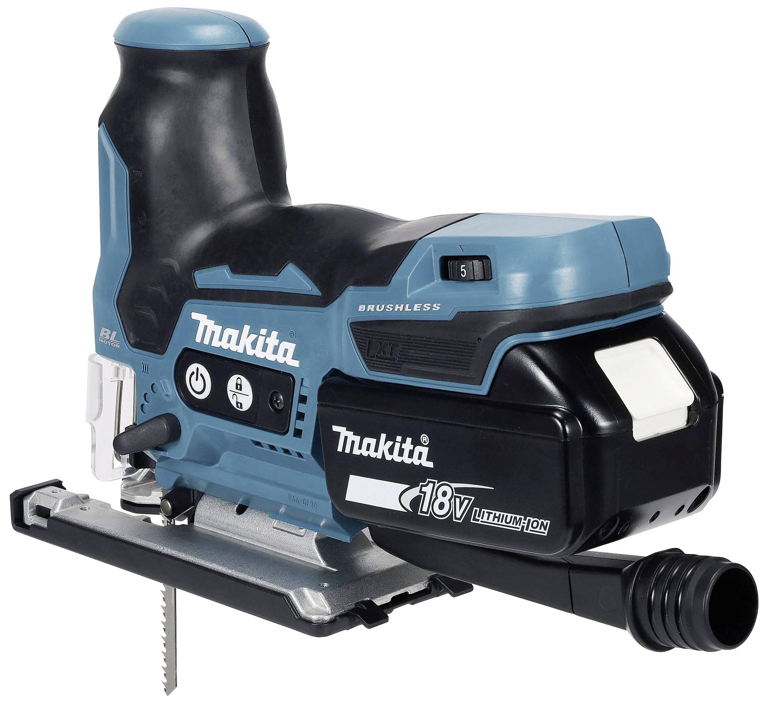 Ein kabelloses, blaues Elektrowerkzeug, Akku-Stichsäge von Makita, Modell mit Lithium-Ionen-Akku, geeignet für präzises Schneiden.