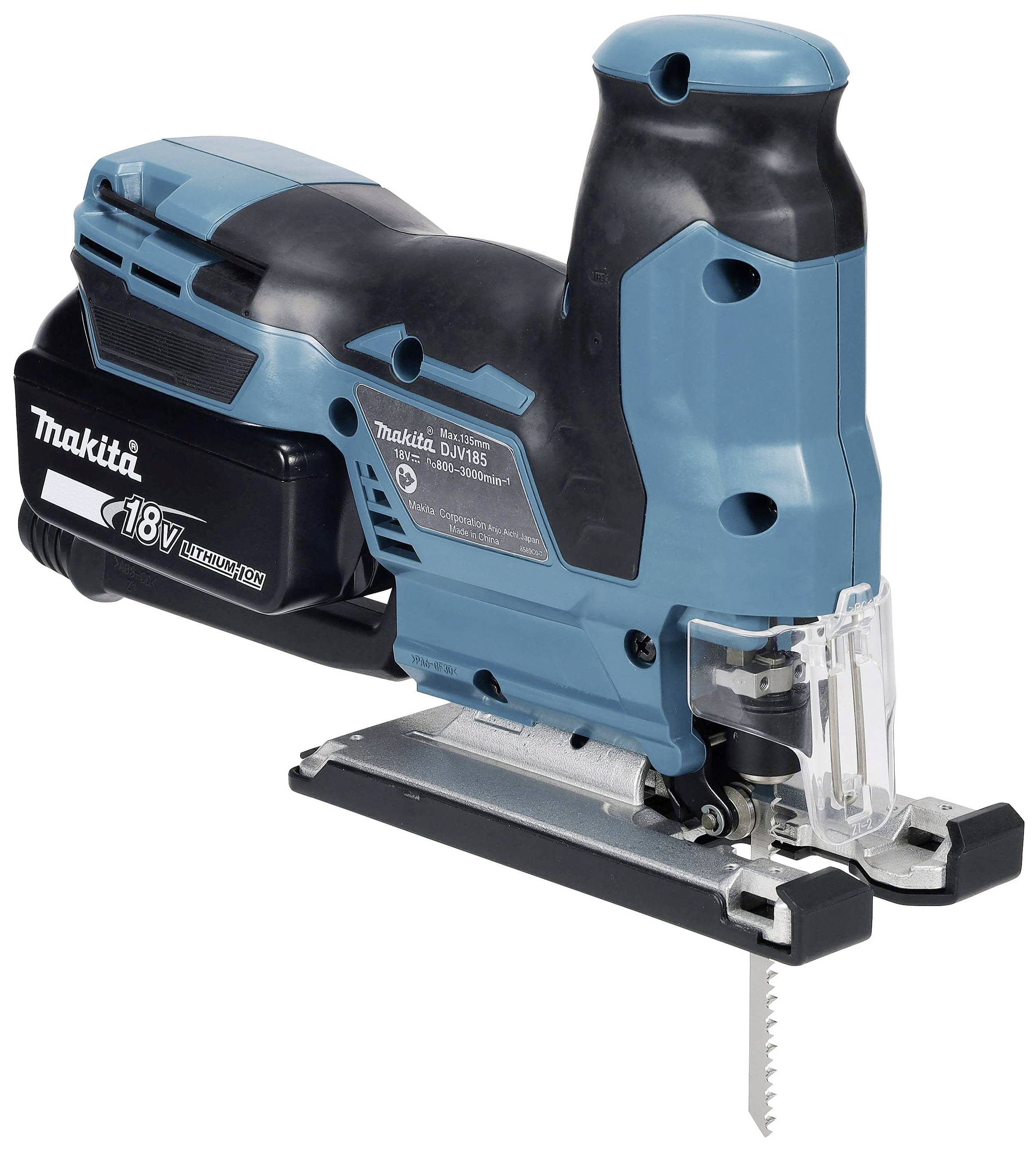 Akkubetriebene Stichsäge in Blau und Schwarz von Makita; kompakt mit ergonomischem Griff und sichtbarem Sägeblatt.