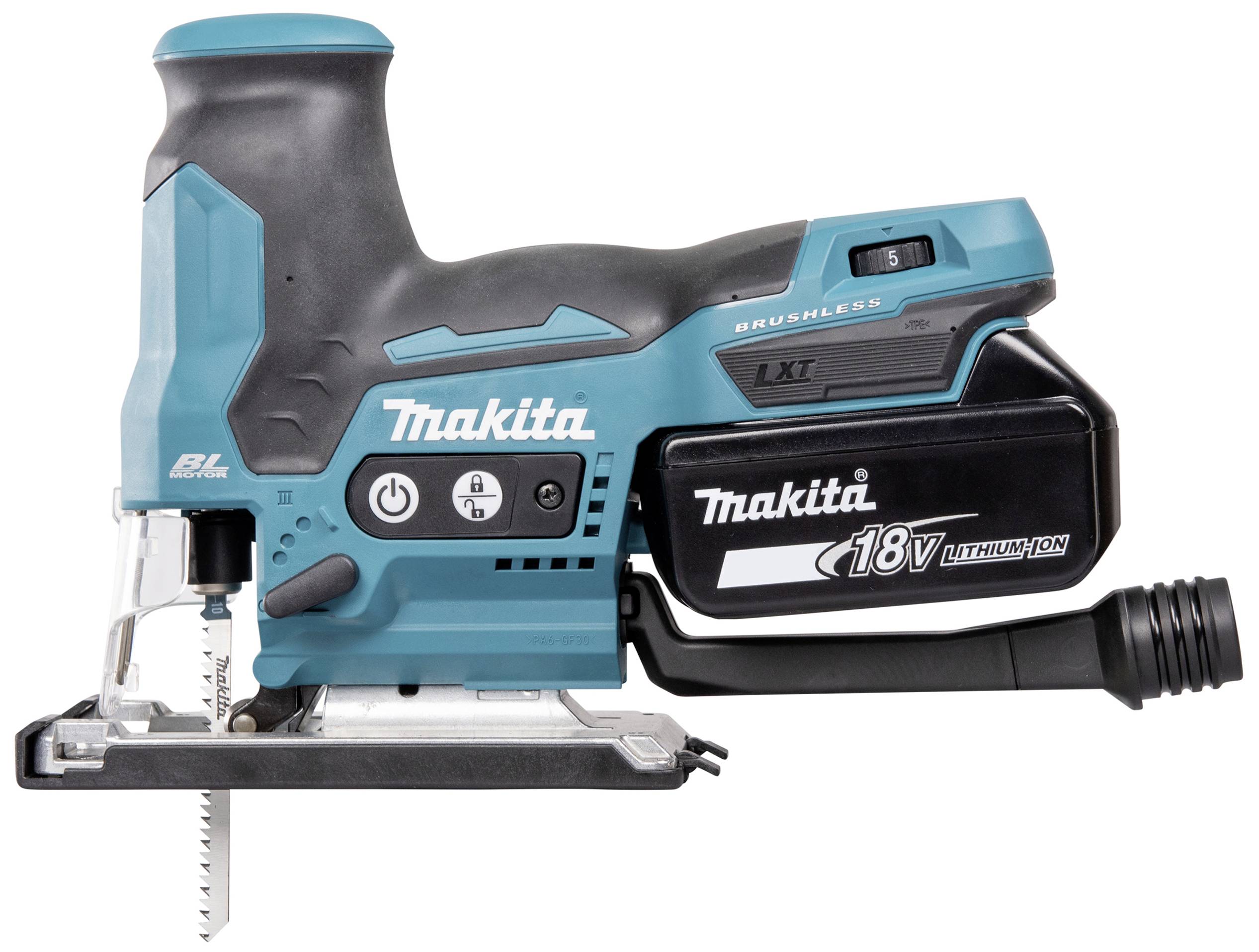Akkustichsäge von Makita, Modell mit 18V Lithium-Ionen-Akku, blauer und schwarzer Gehäusefarbe, geeignet für präzise Holzschnitte.