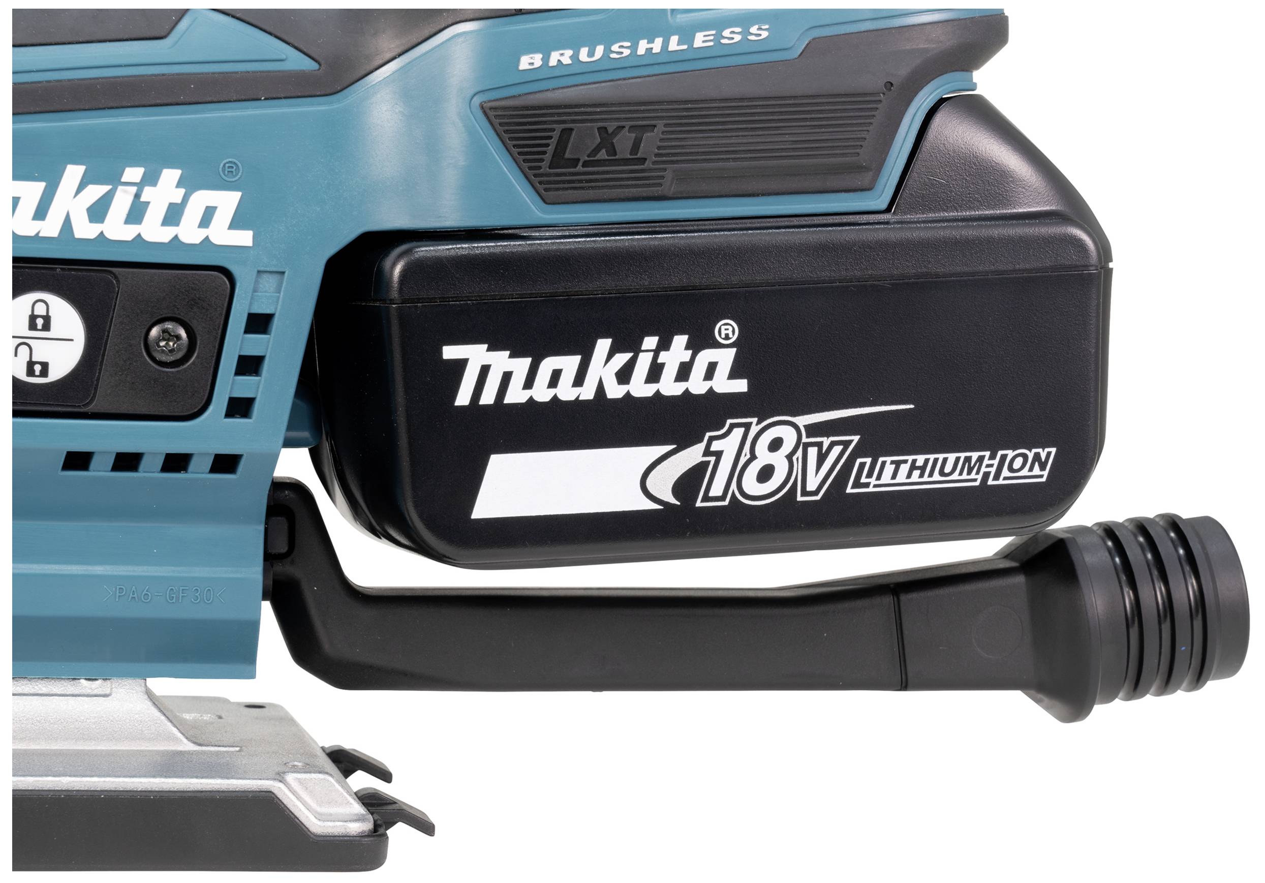 Makita Elektrowerkzeug mit 18V Lithium-Ionen Akku, LXT Serie, in türkis-schwarzem Design.