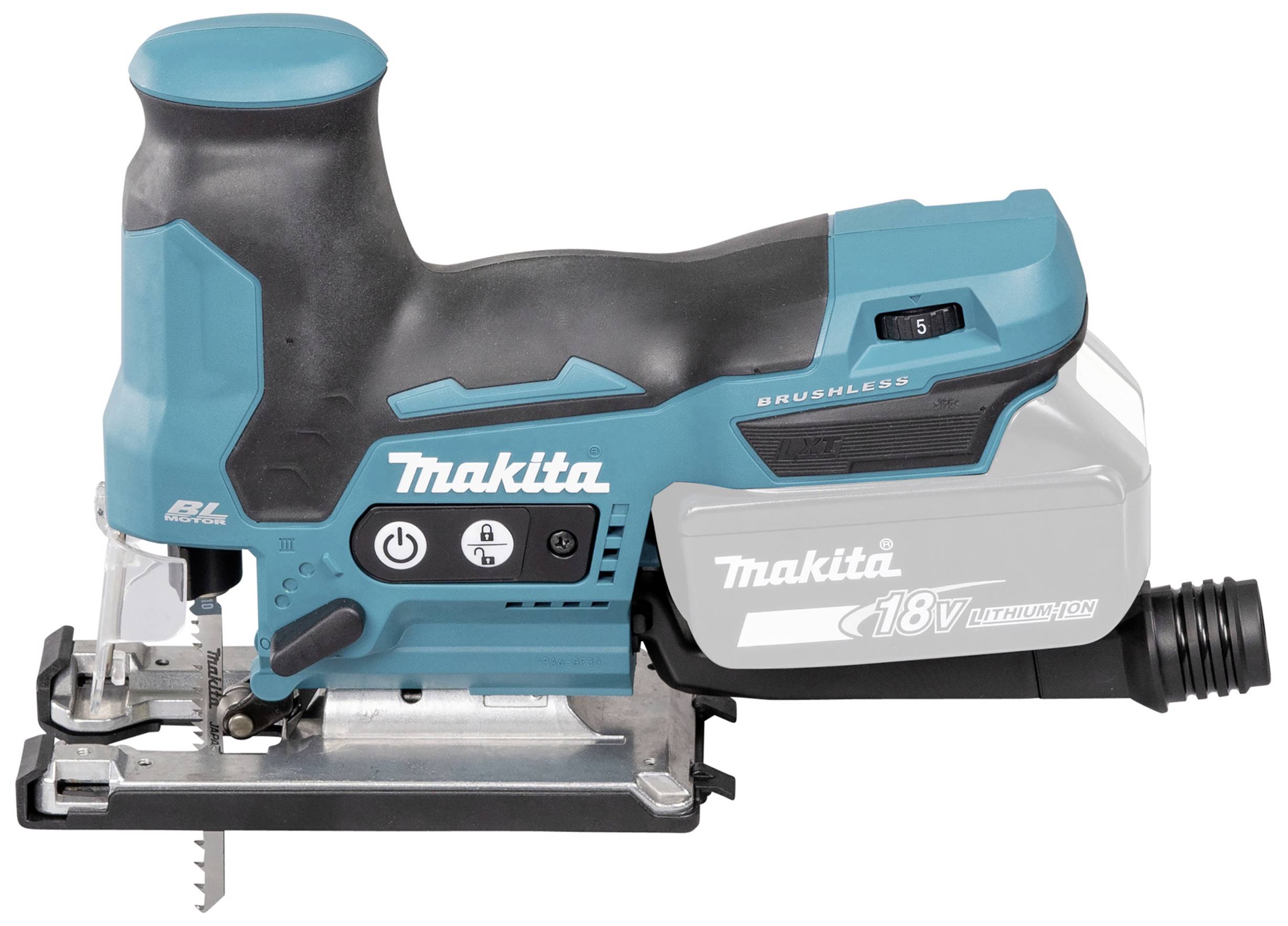 Akkustichsäge von Makita mit bürstenlosem Motor und ergonomischem Griffdesign; erkennbar das 18V Lithium-Ionen-Akku-Logo.