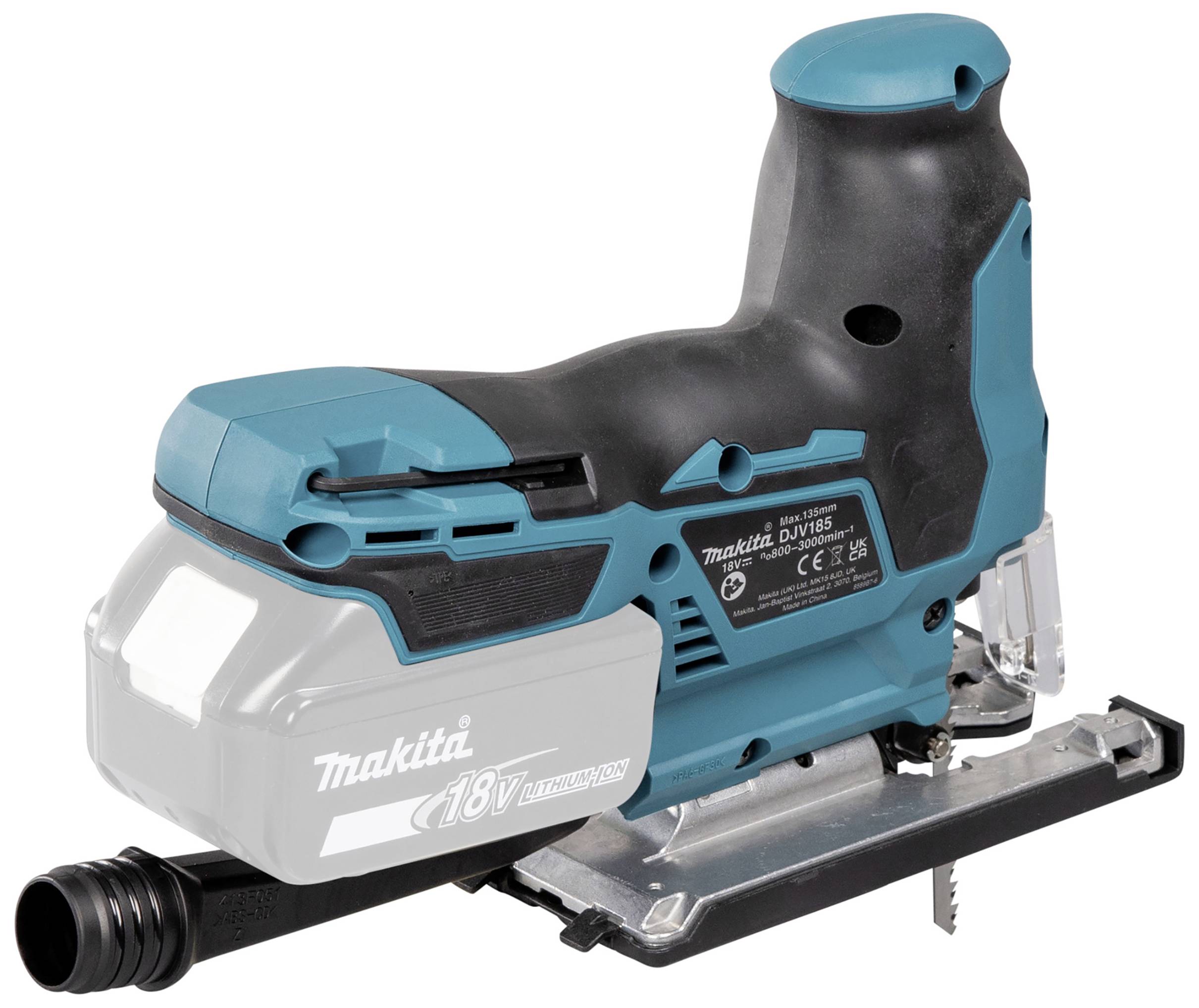 Akkubetriebene Stichsäge von Makita in Blau und Schwarz, seitliche Ansicht. Ein Gehäuse mit ergonomischem Griff und Base-Platte.