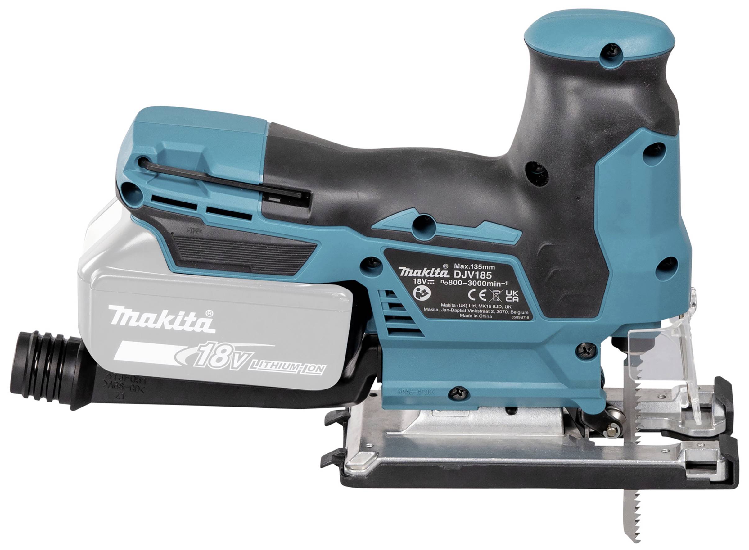 Ein blauer und schwarzer Akku-Stichsäge mit der Aufschrift 'Makita 18V'. Sie ist scharf und für präzises Schneiden von Materialien konzipiert.
