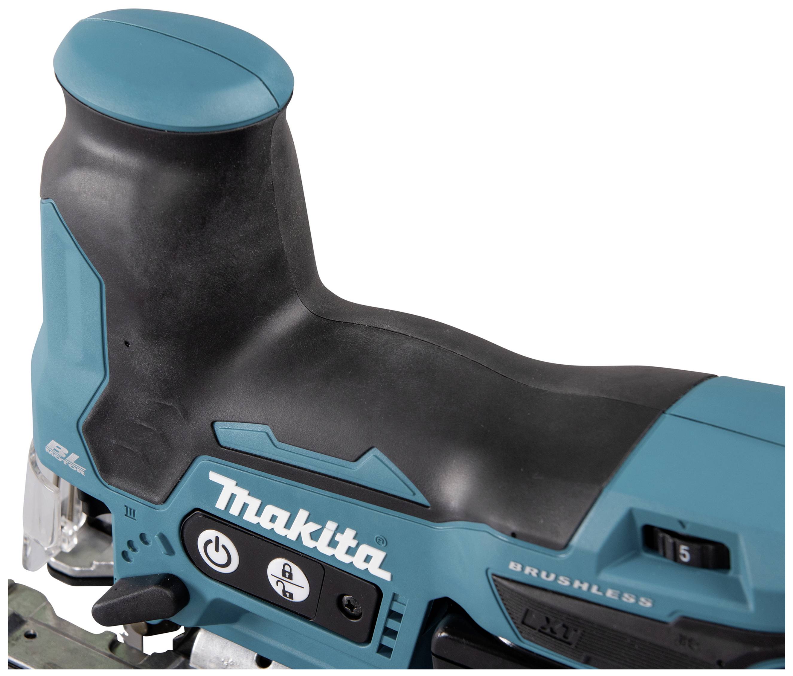 Elektrowerkzeug von Makita, nah gezeigt, mit blauer und schwarzer Konstruktion. Aufschrift 'Makita' im Fokus.