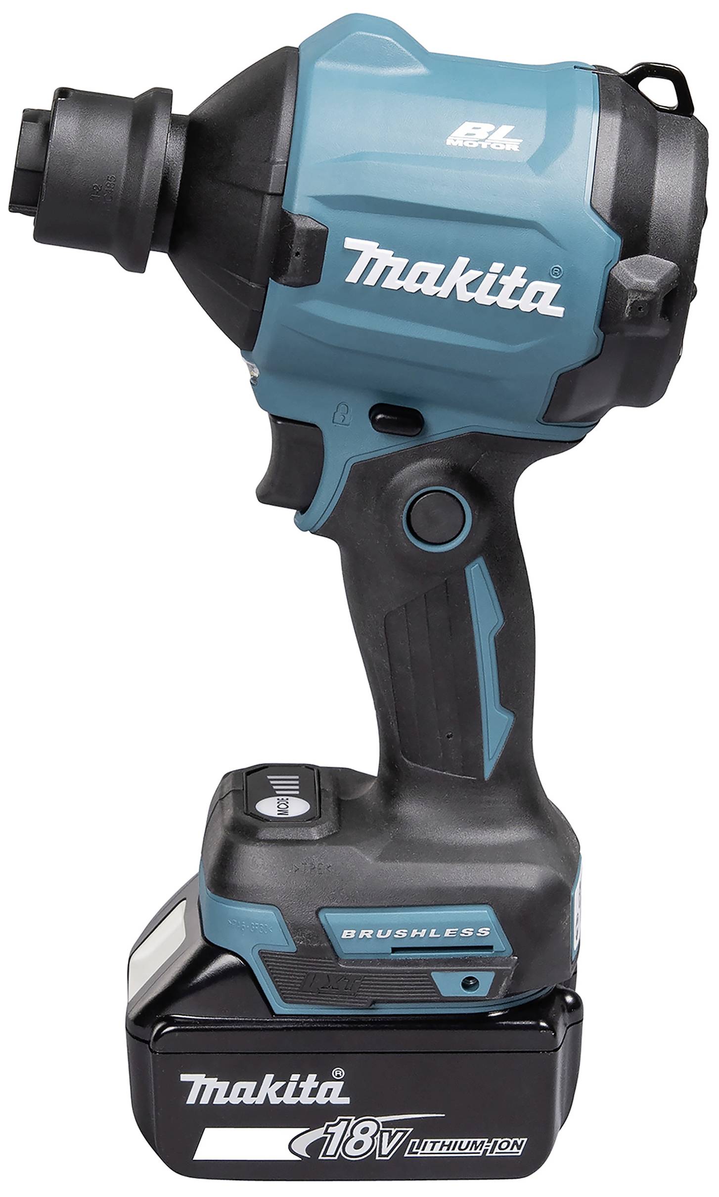 Ein kabelloser, handlicher Schlagschrauber mit blau-schwarzem Gehäuse, ergonomischem Griff und 18V Lithium-Ionen-Akku von Makita.