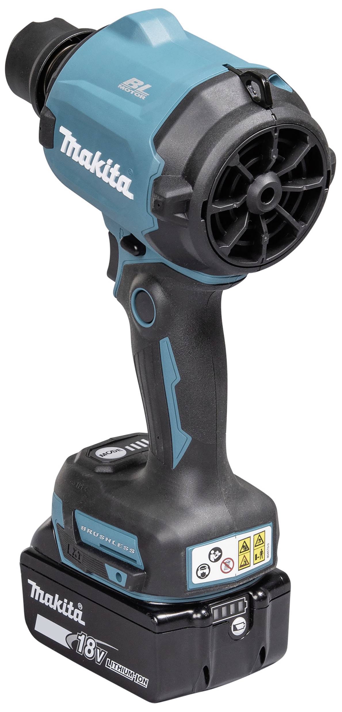 Akkubohrschrauber der Marke Makita mit 18V Akku und bürstenlosem Motor, in Blau und Schwarz. Geeignet für Heimwerker und Profis.