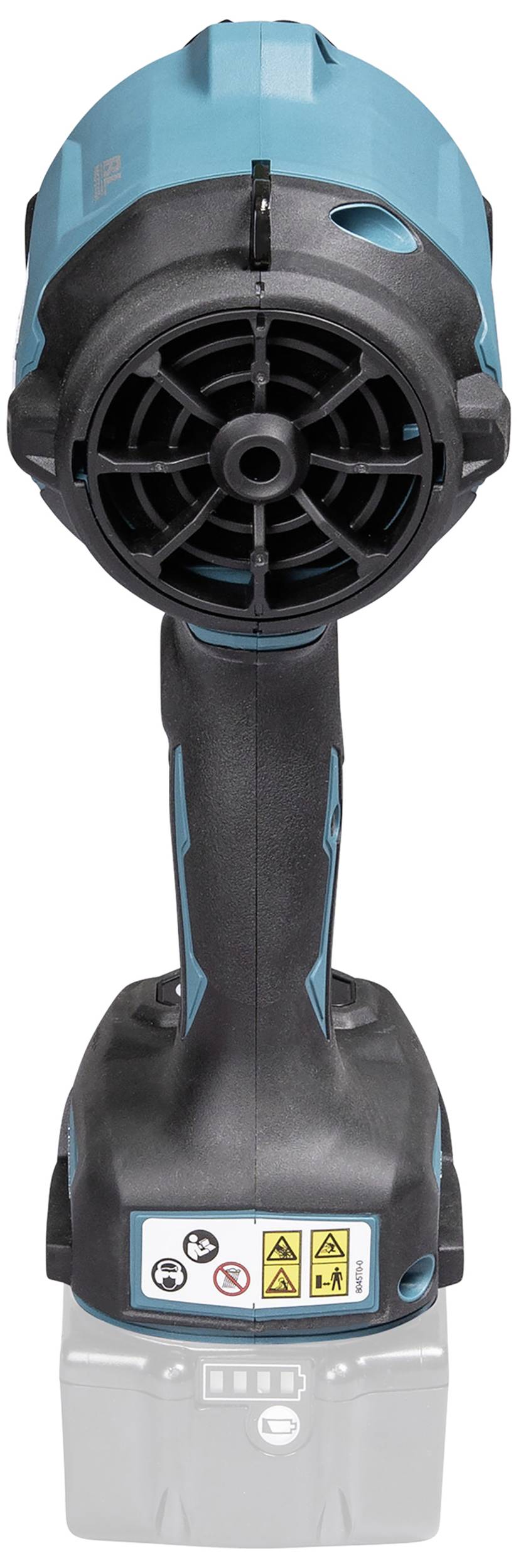 Tragbarer Handventilator in Blau und Schwarz mit Etiketten auf dem Griff.