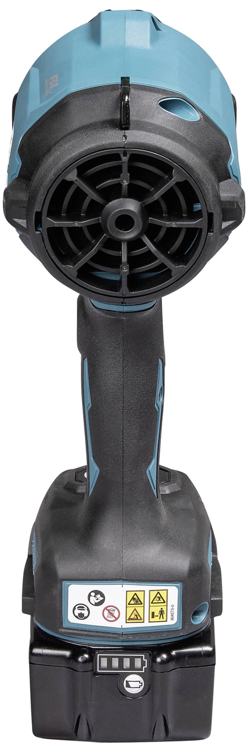 Akkubetriebener Gebläseventilator in Blau und Schwarz, frontal abgebildet, mit Warnhinweisen am Griff.