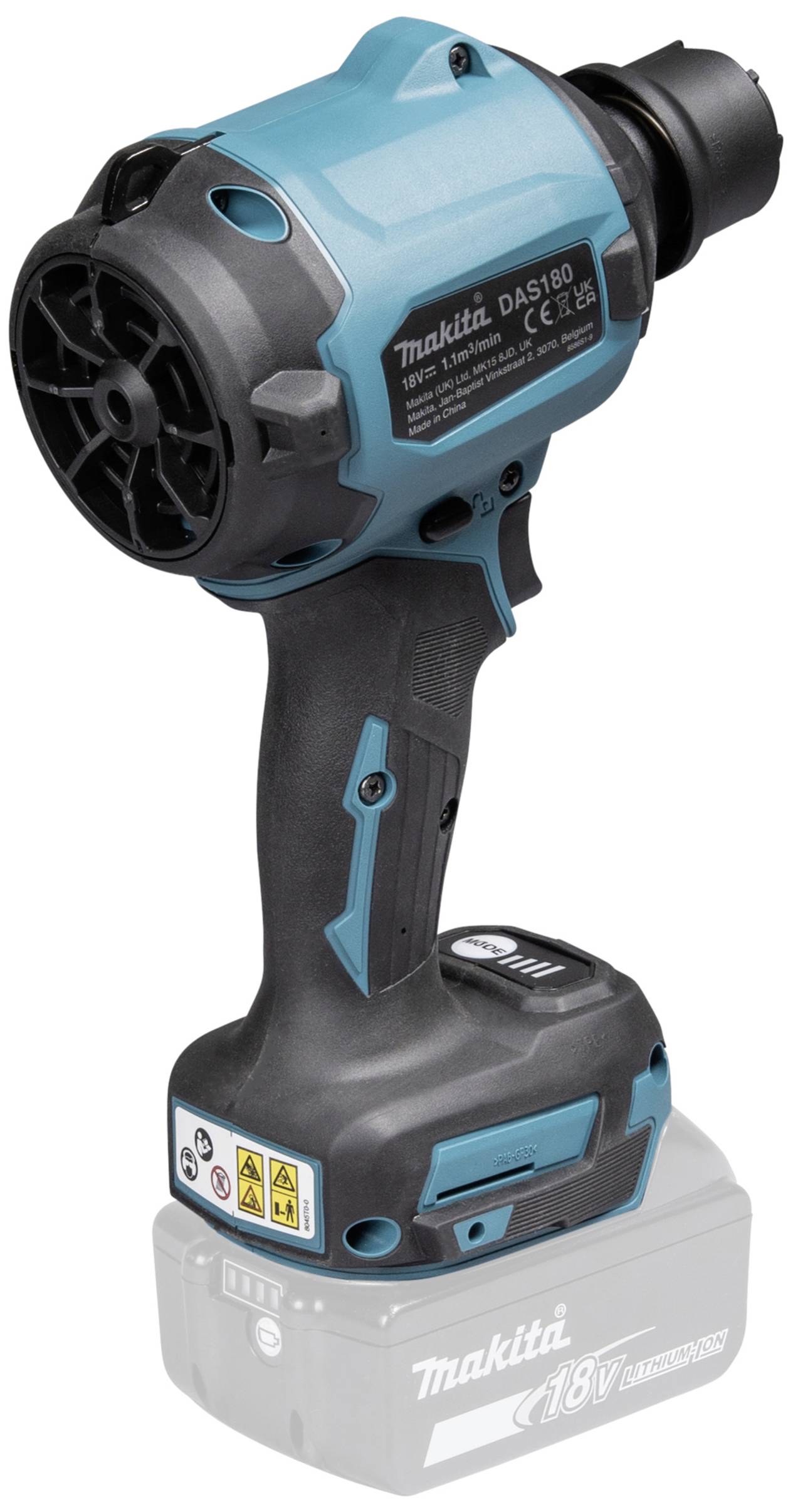 Ein handgehaltenes, blau-schwarzes Elektrowerkzeug mit Akku, das wie ein Schlagschrauber wirkt.