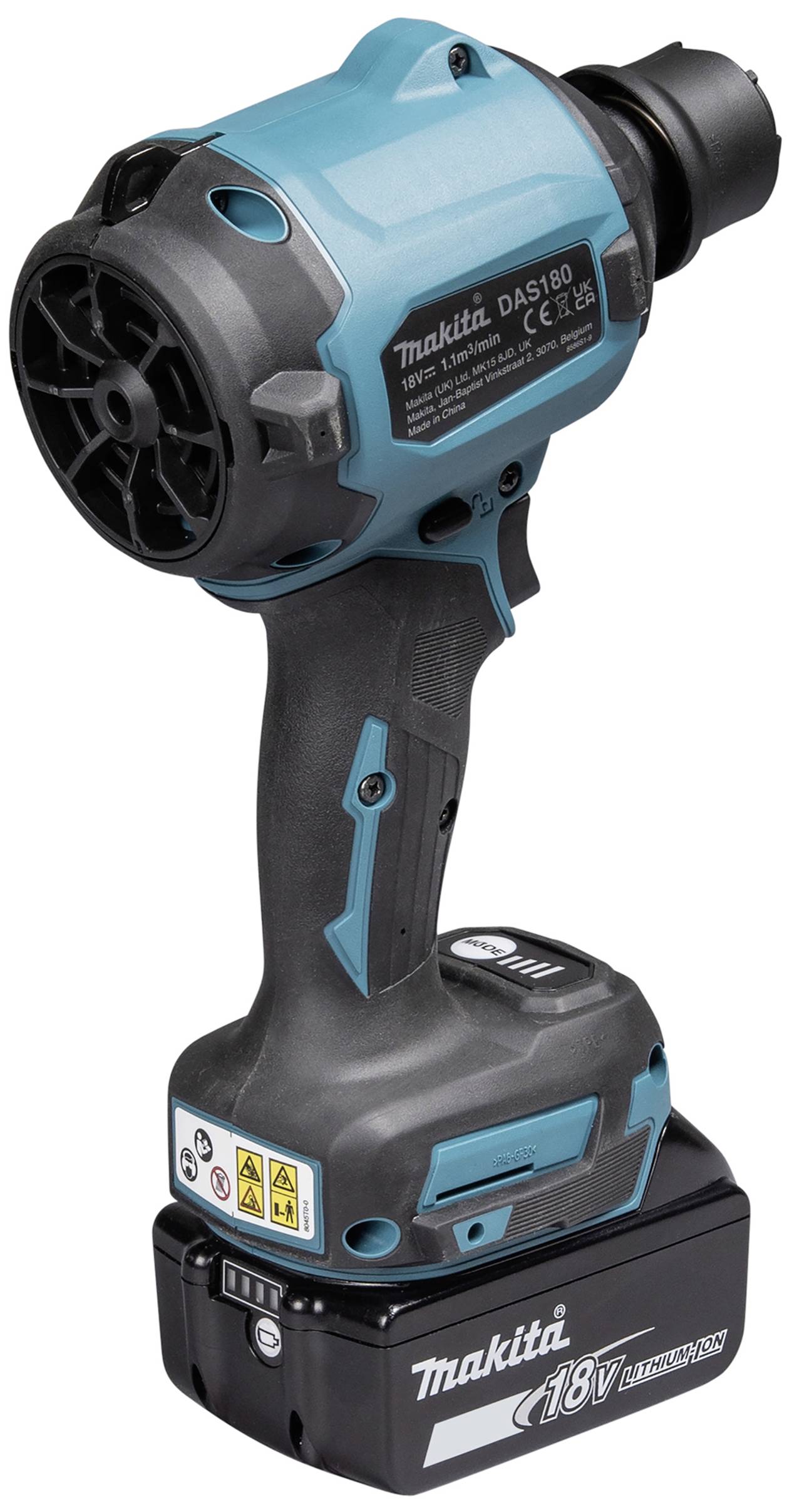 Akkuschrauber von Makita, Modell DAS180, mit 18V Lithium-Ionen-Akku, blau-schwarz, seitliche Ansicht.