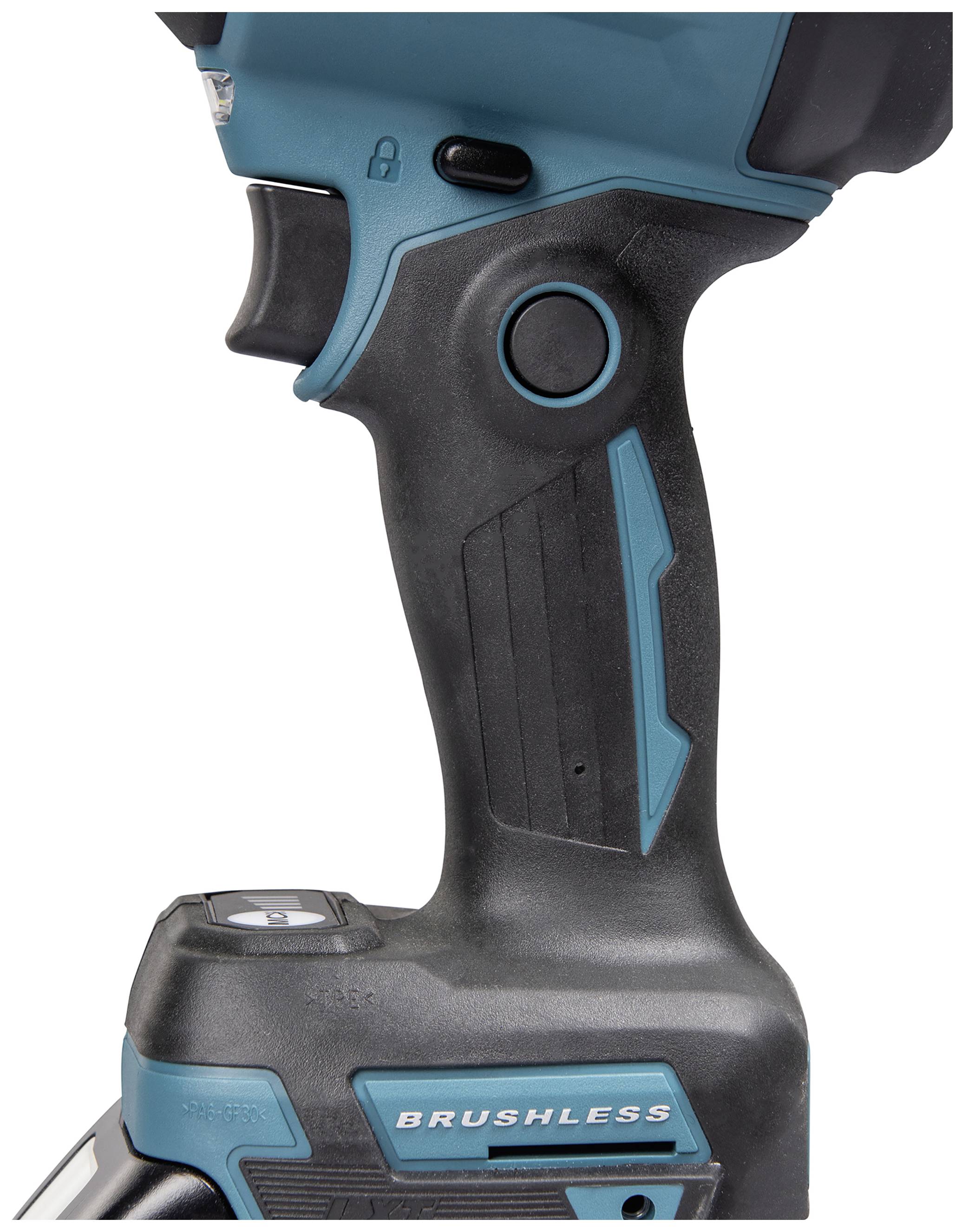 Ein Teil eines kabellosen Elektrowerkzeugs mit ergonomischem Griff und einem Schalter. Text auf dem Werkzeug: 'Brushless'.
