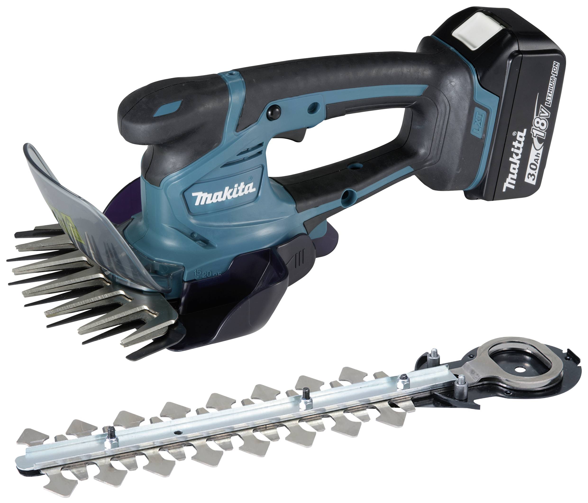 Kabellose Makita Heckenschere mit 18V Akku, blau-schwarz, inklusive abnehmbarem Klingenaufsatz, zum Schneiden von Hecken und Sträuchern.