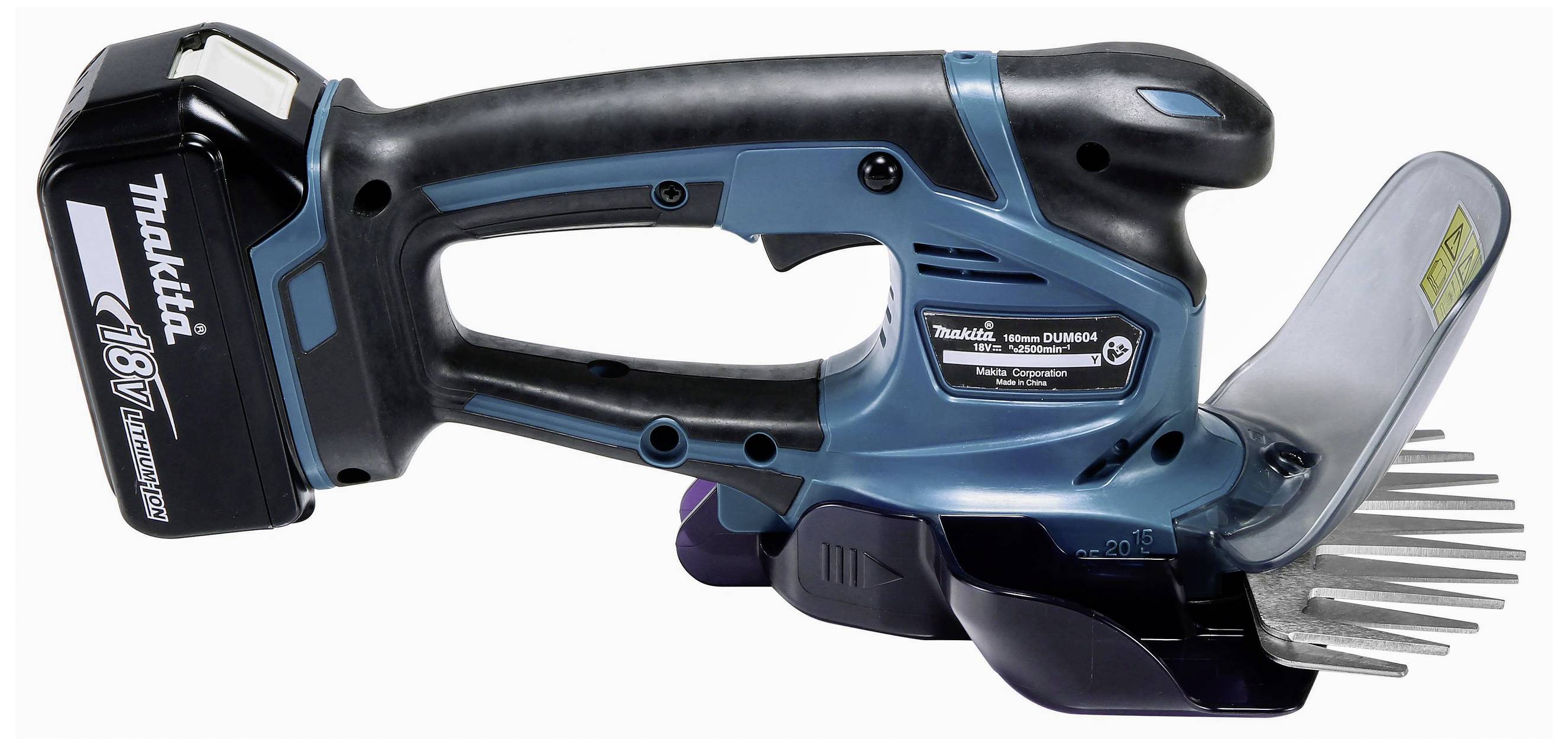 Akku-Grasschere mit 18V-Batterie, blauer Körper, schwarze Griffe, silberne Klingen. Designed für das Stutzen von Gras und Büschen.