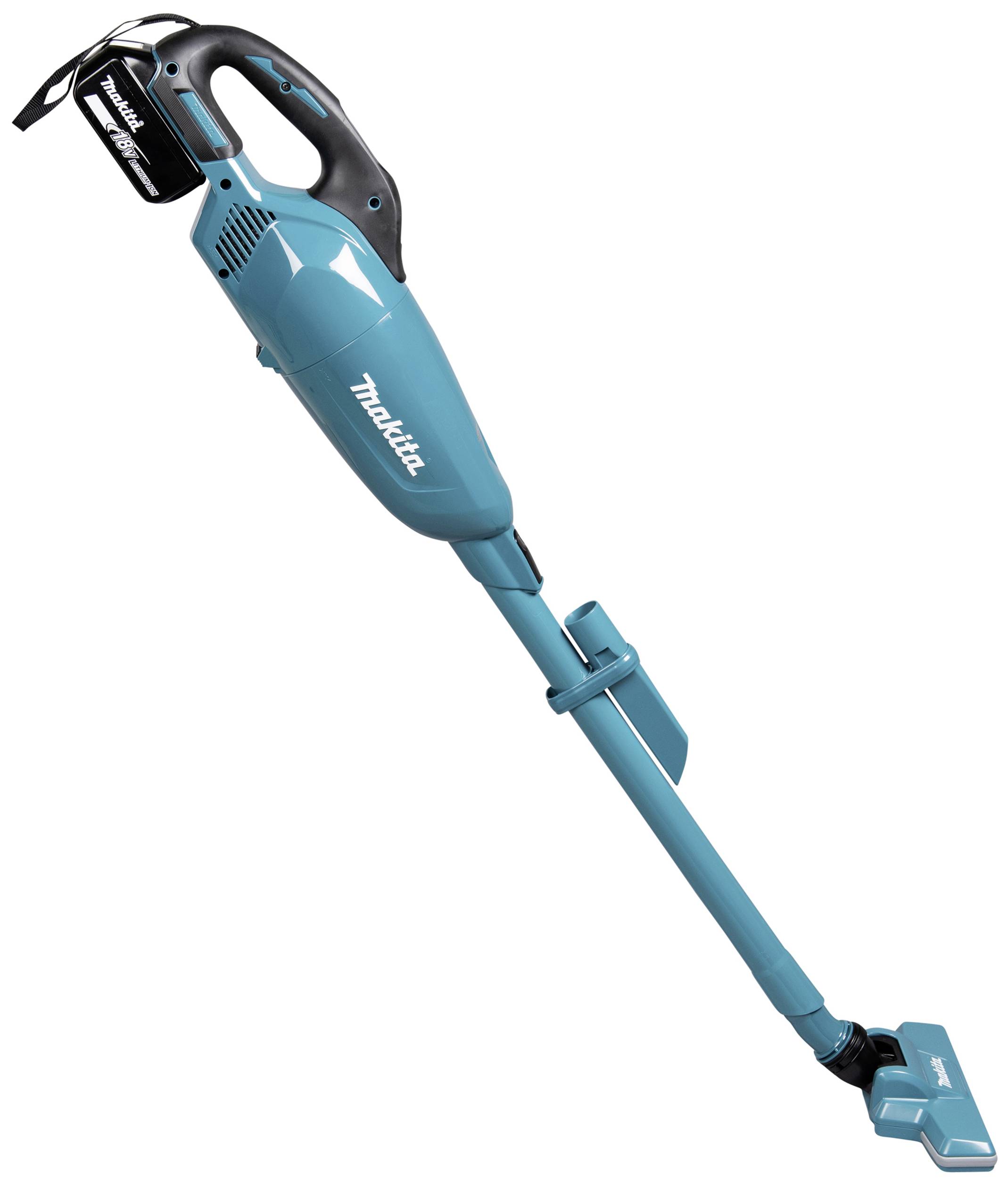 Ein blauer, kabelloser Handstaubsauger mit einem langen Griff und einer Bürstendüse, markiert mit 'Makita', zeigt sein kompaktes Design.