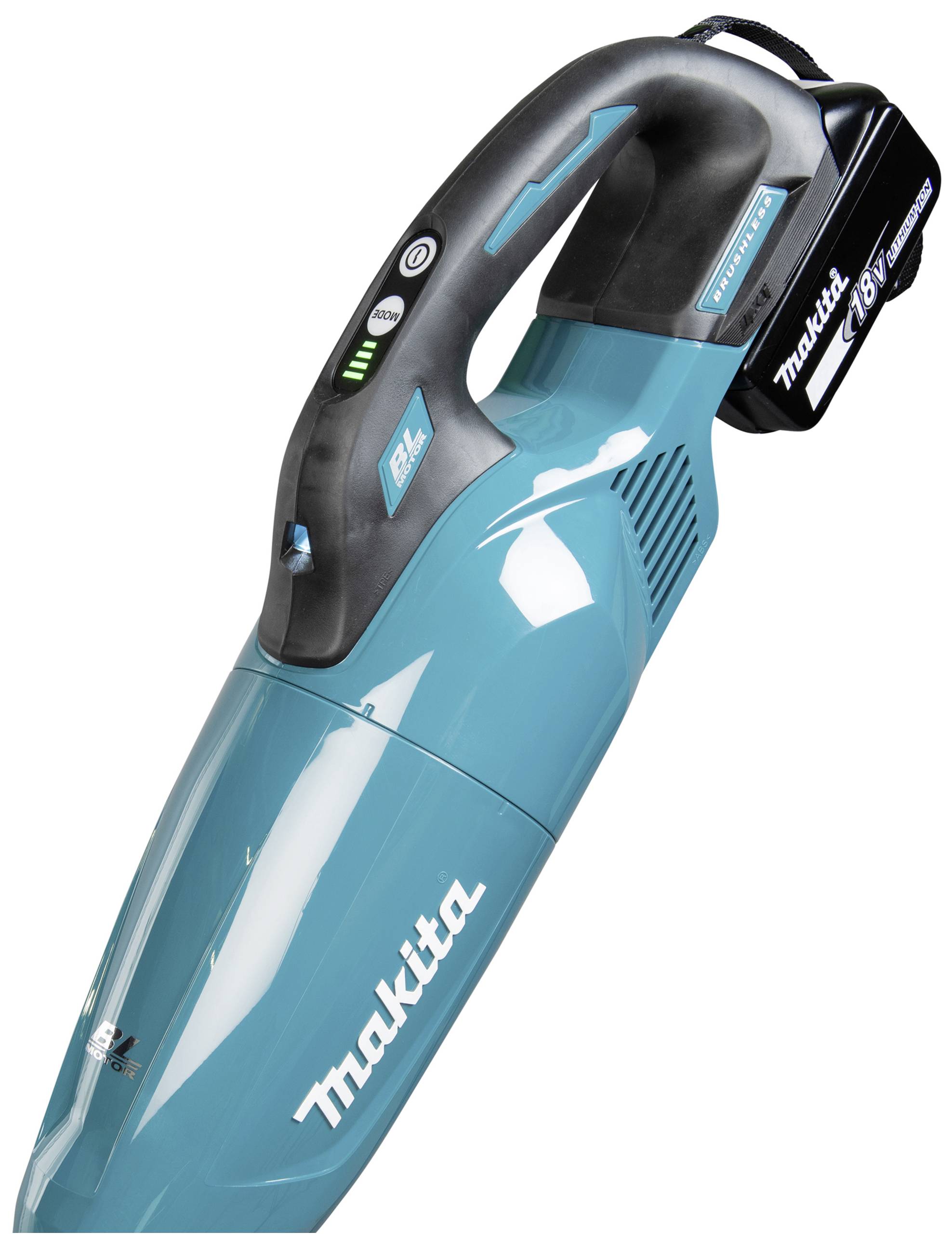 Dargestellt ist ein kabelloser, blau-schwarzer Handstaubsauger der Marke Makita, mit 18V Akku. Ideal für schnelle Reinigungen.