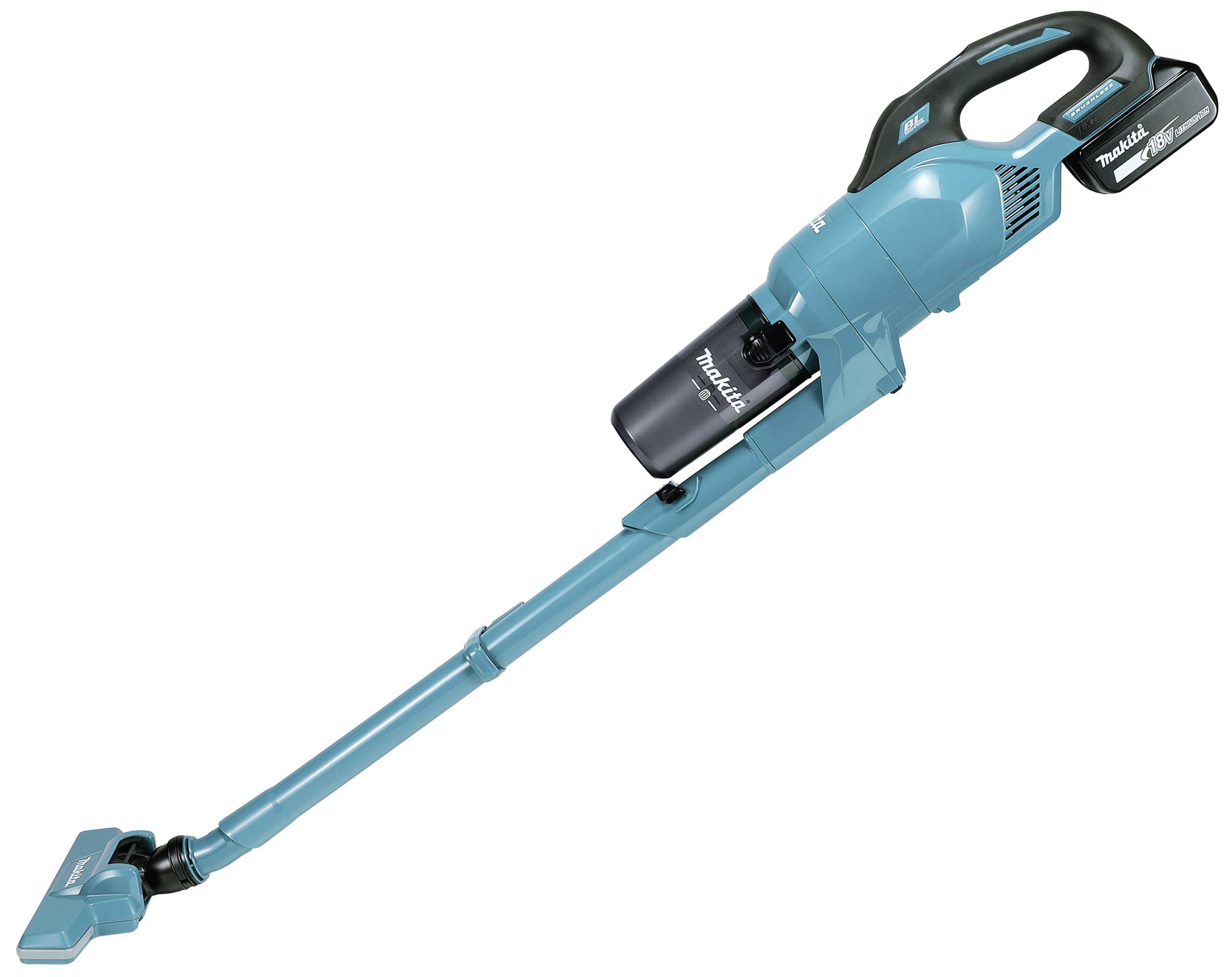 Kabelloser, blauer Stabstaubsauger mit langem Griff und schmaler Düse, geeignet für leichte Reinigungsarbeiten auf Hartböden.