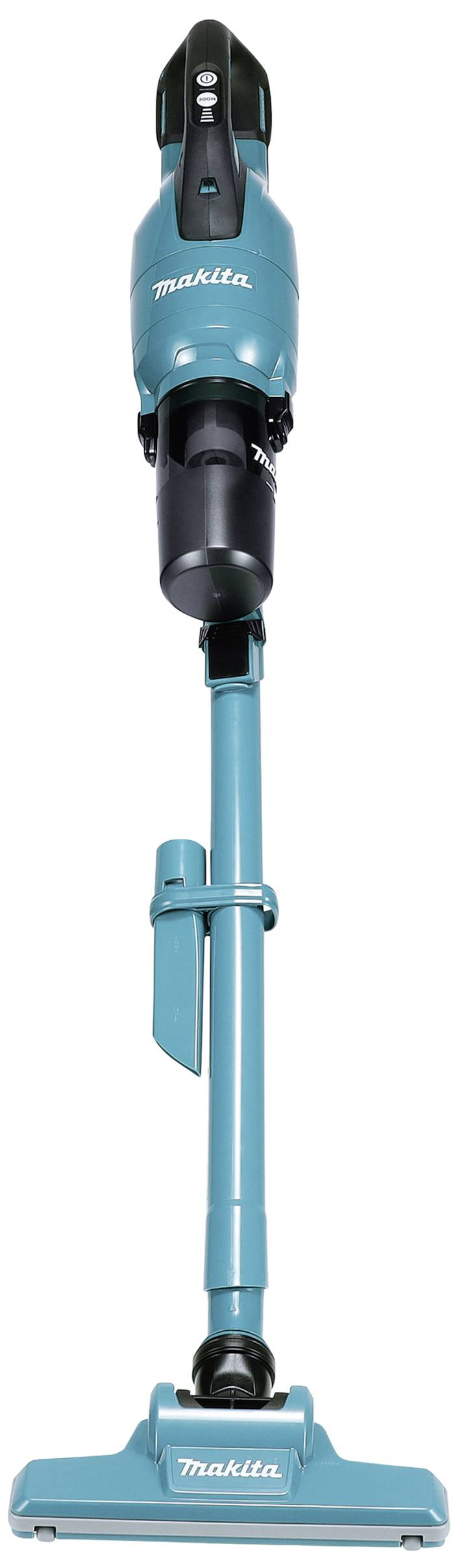 Ein kabelloser, türkisfarbener Staubsauger von Makita in aufrechter Position, geeignet für Bodenreinigung.