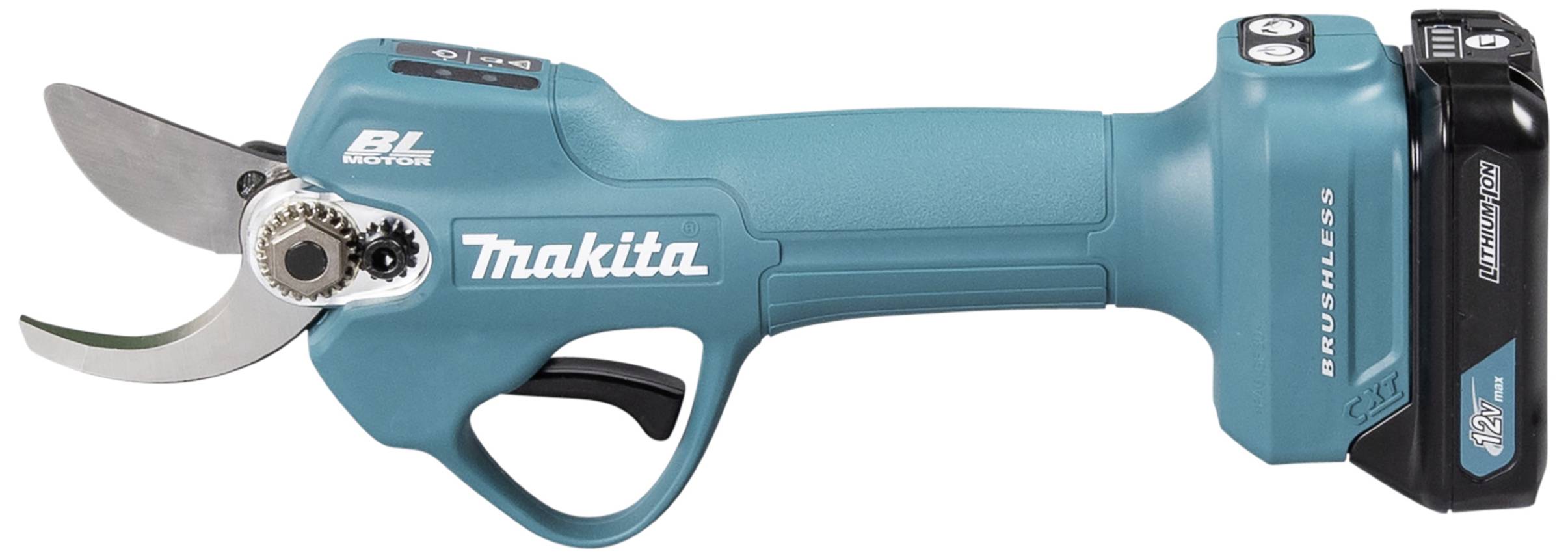 Elektrische Astschere mit blauem Griff und schwarz-silberner Klinge. Akkubetrieb, geeignet zum Schneiden von Ästen.