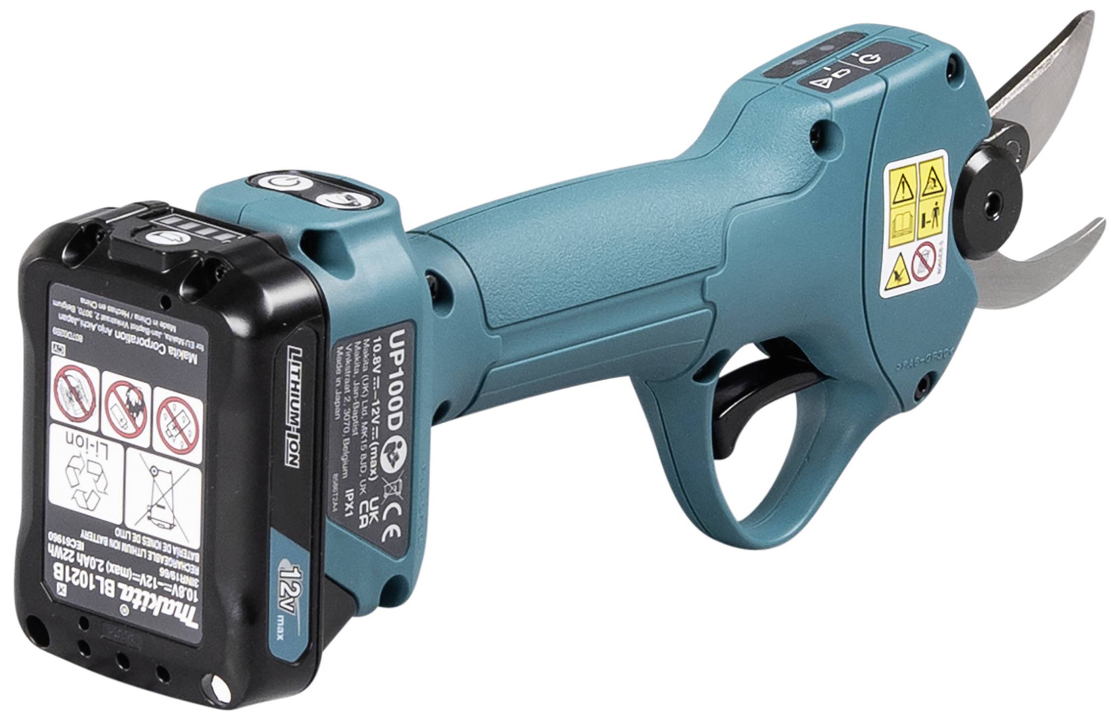 Ein kabelloses, blaues Elektrowerkzeug mit Schere für den Gartenbau. Es hat einen 12V Akku und Sicherheitshinweise auf der Seite.