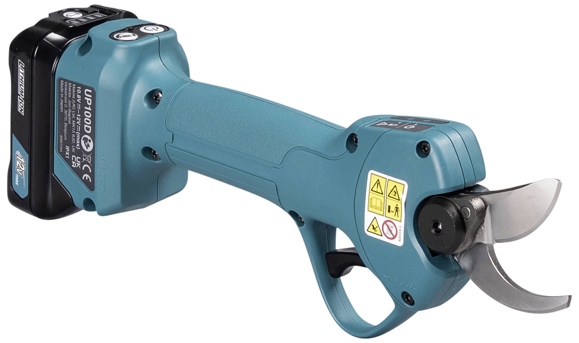 Elektrische Gartenschere in Blau mit einem schwarzen Akku; links befinden sich Sicherheitsaufkleber. Ideal für kraftvolles Schneiden.