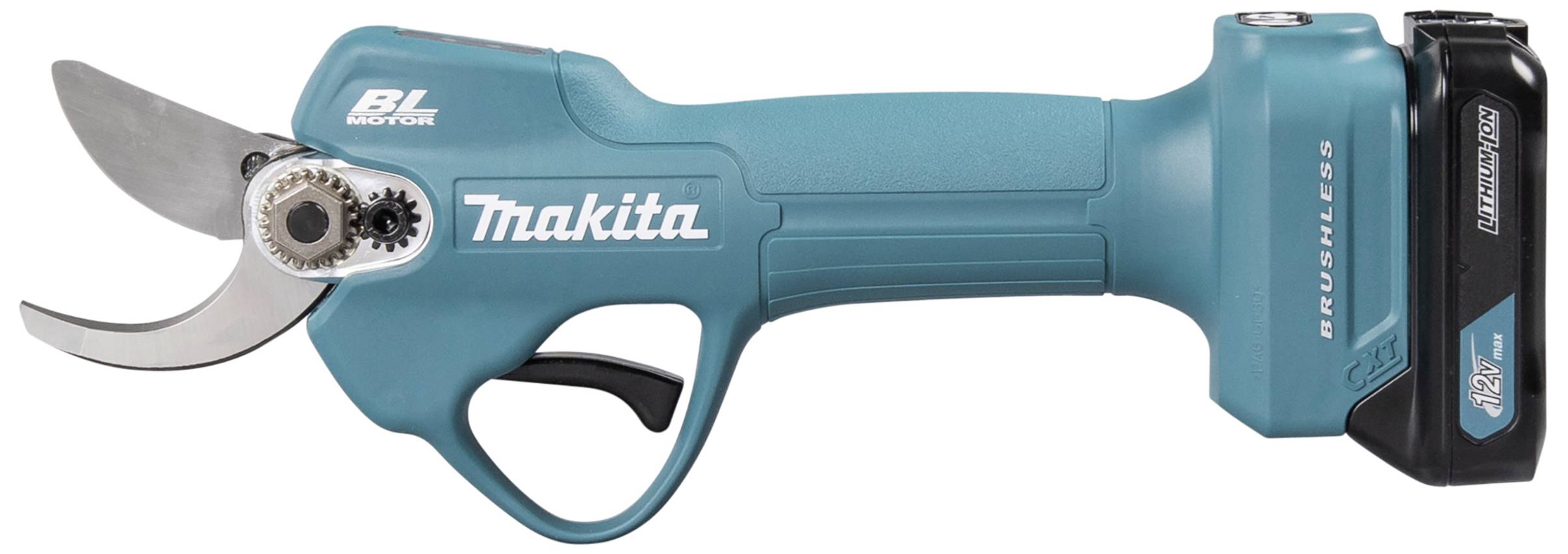 Elektrische Astschere mit blauem Griff und schwarzem Akku, geeignet zum Schneiden von Ästen; Markenname auf der Seite.