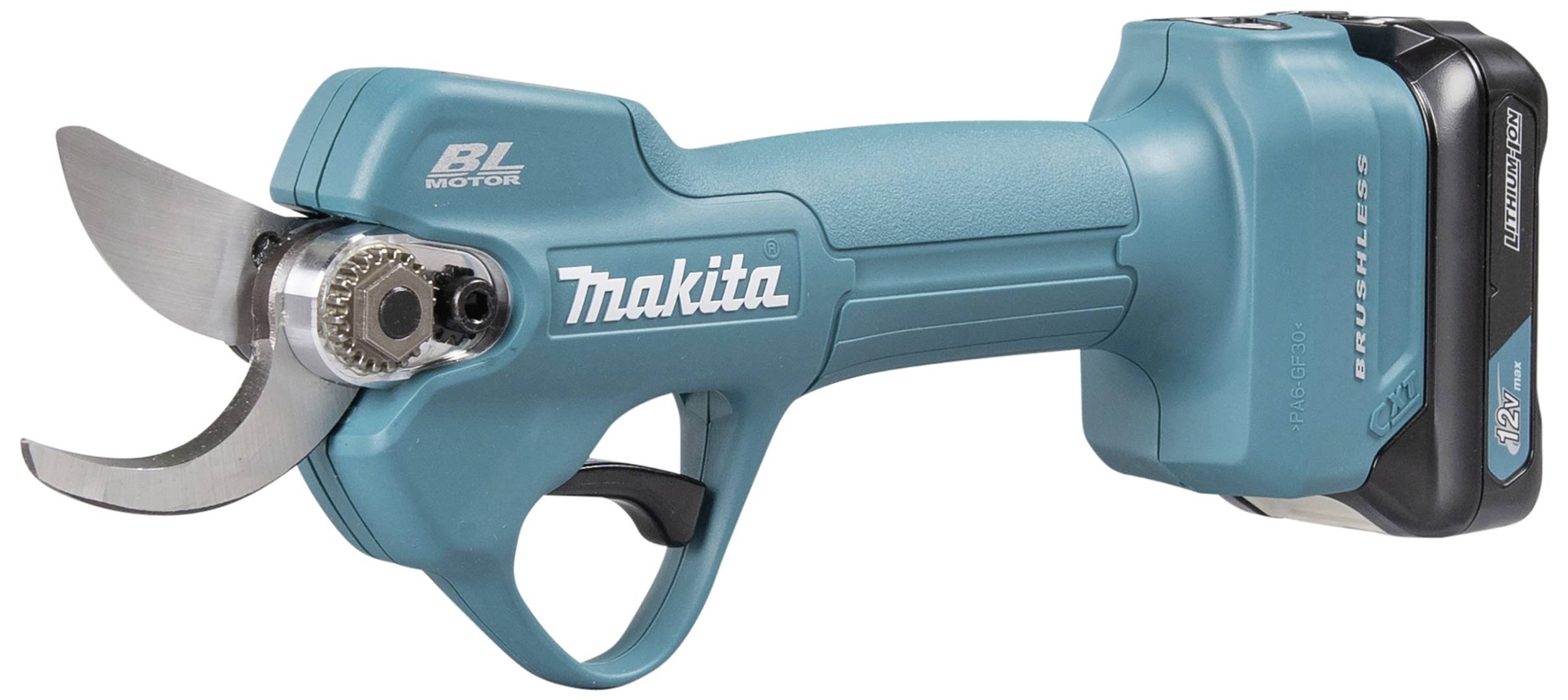 Akkubetriebene Gartenschere in Blau mit ergonomischem Griff und Markennamen. Sie hat ein scharfes Schneidblatt und leistungsstarken Motor.