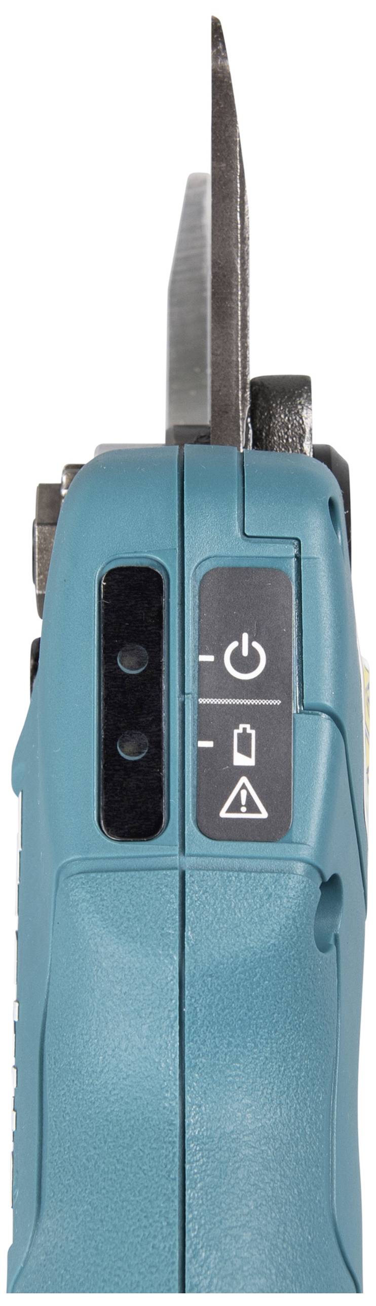 Ein blaues elektrisches Schneidegerät mit Einschalttaste und Symbolen für Sicherheitswarnungen an der Seite.