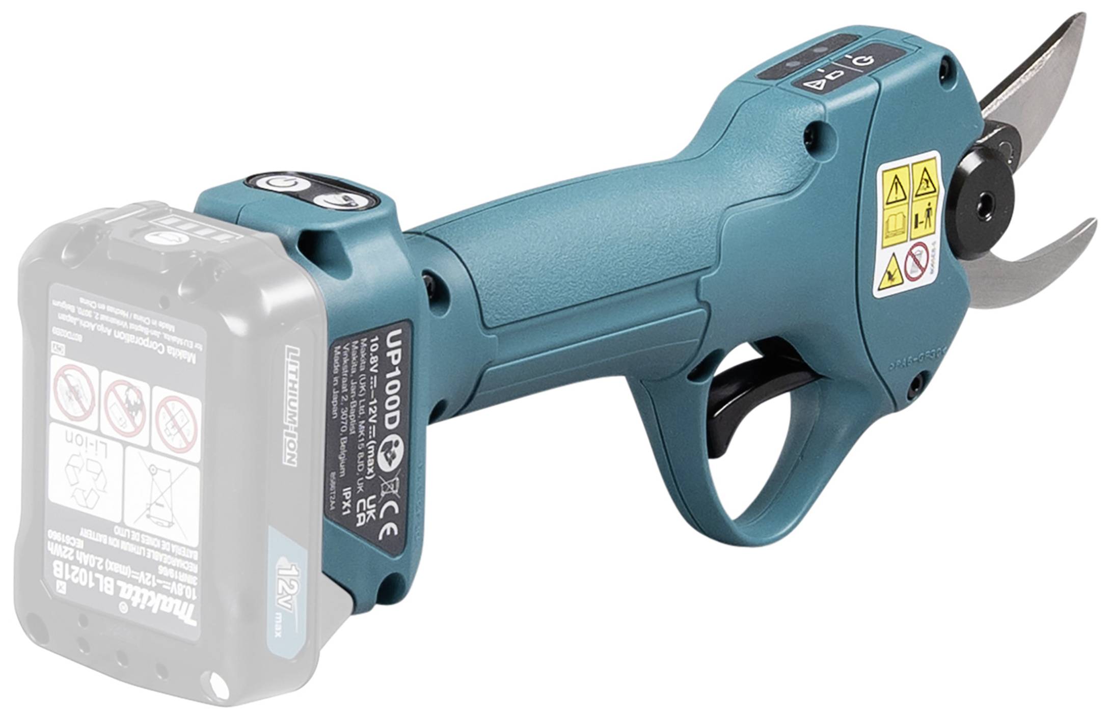 Elektrische Gartenschere in Blau, mit schwarzem Griff und Schneidklinge. An der Seite sind Warnhinweise sichtbar.