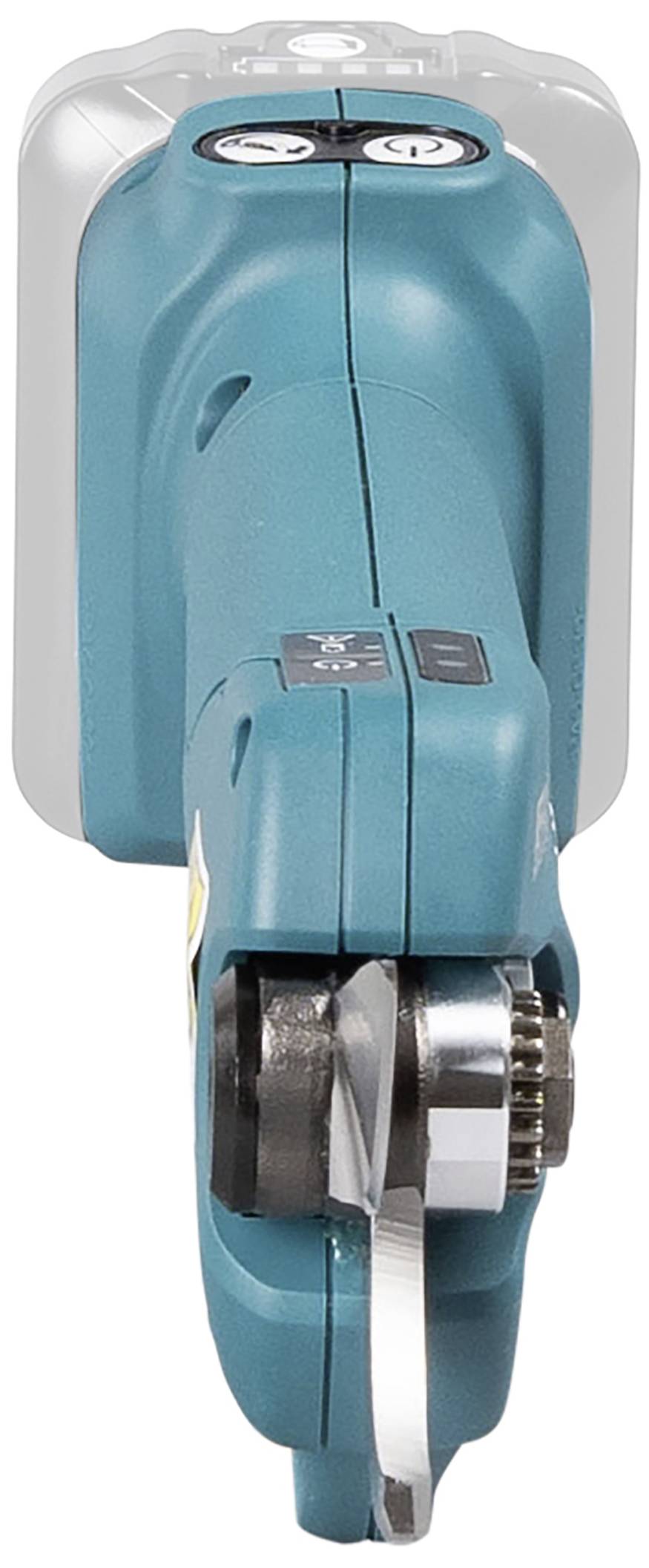 Ein türkisfarbener elektrischer Winkelschleifer, Draufsicht, zeigt den Schleifkopf und die Bedienelemente.