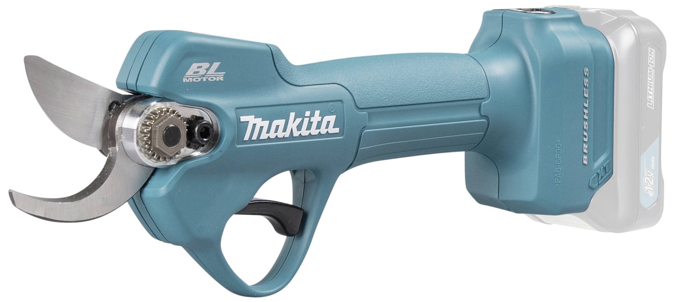 Elektrische Gartenschere in Blau, Marke 'Makita', mit ergonomischem Griff und scharfen Klingen, geeignet für präzises Beschneiden.