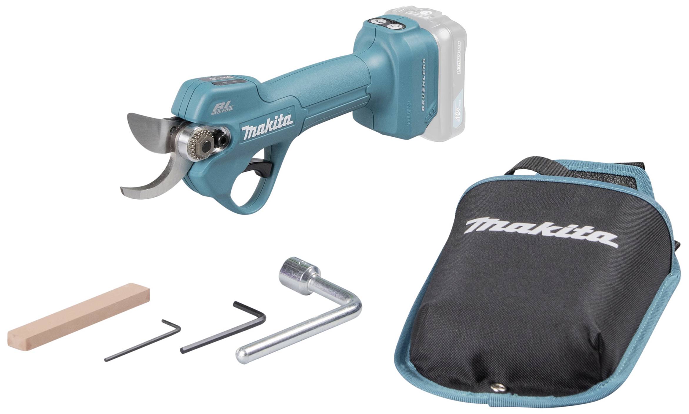 Elektrische Gartenschere mit Zubehör: Ersatzklinge, Schraubenschlüssel, zwei Inbusschlüssel und schwarze Aufbewahrungstasche von Makita.