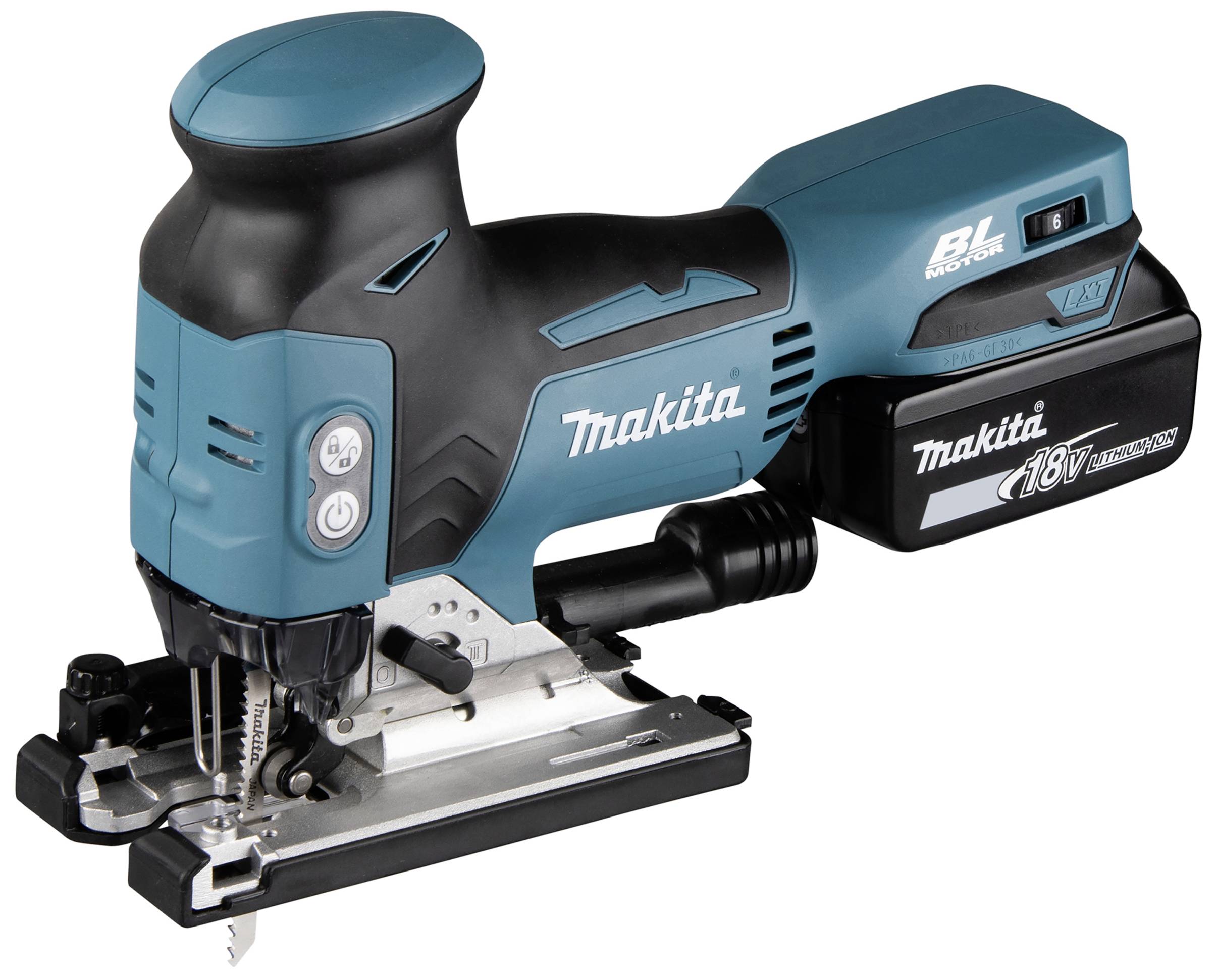 Akkubetriebene Stichsäge von Makita in Blau-Schwarz, Modell mit ergonomischem Griff und Wechselakku, geeignet für präzise Schnitte.
