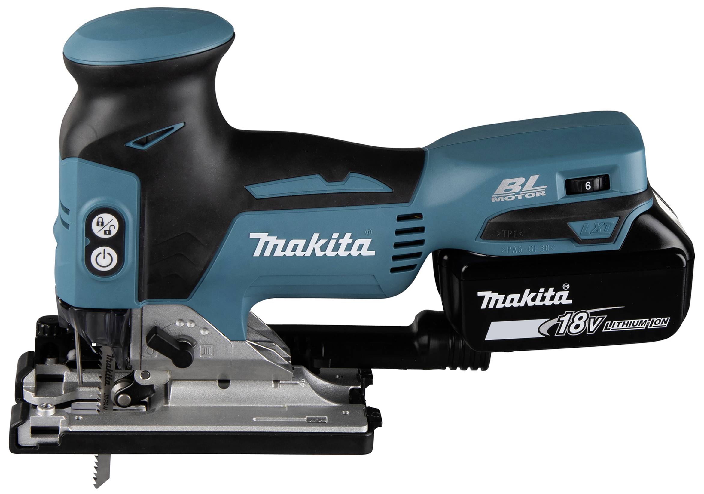 Eine blaue und schwarze kabellose Stichsäge von Makita mit einem 18V Lithium-Ionen-Akku, geeignet für präzise Schnitte in Holz.