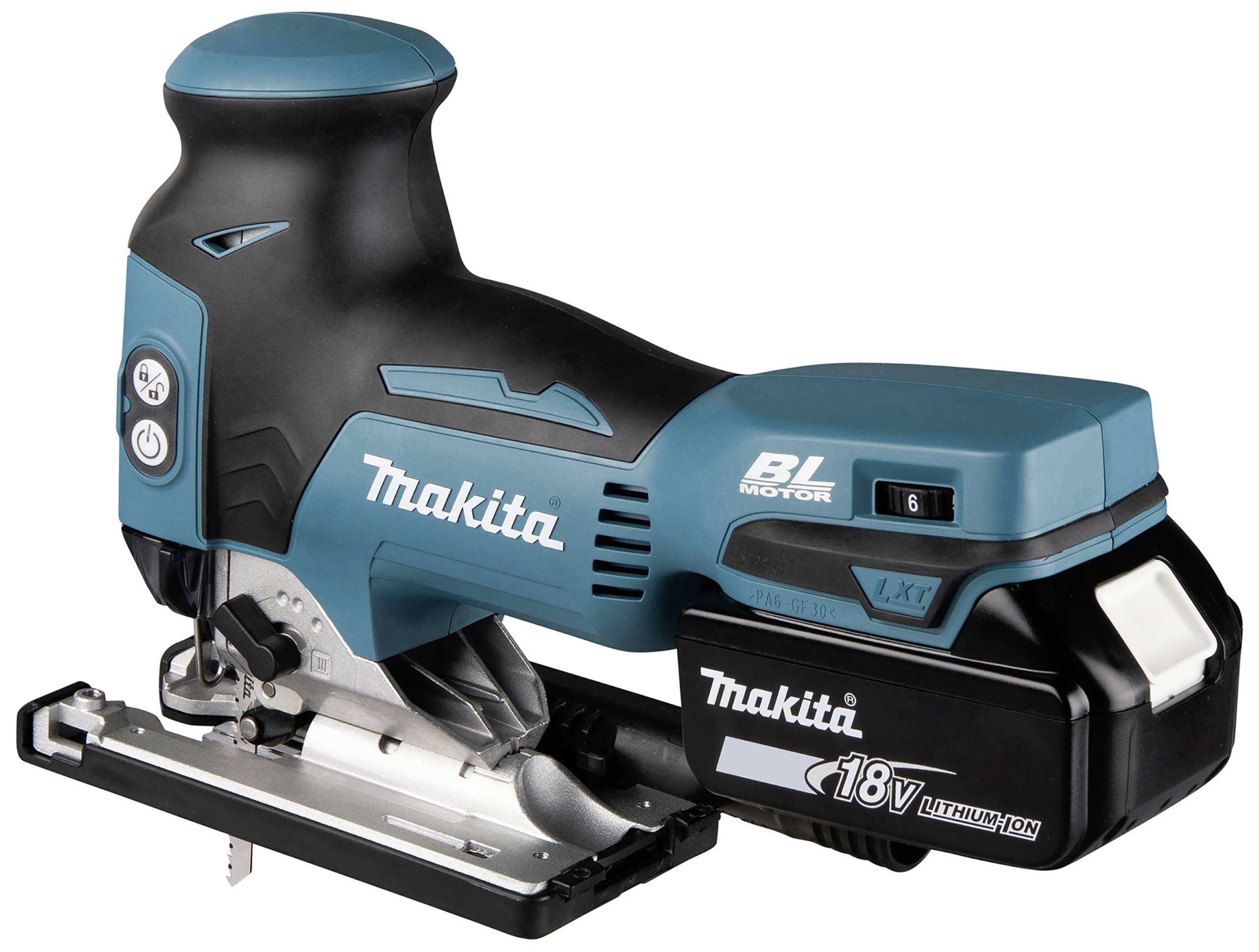 Schnurloser Akku-Stichsäge von Makita mit BL-Motor, dunkelblau-schwarz, 18V Lithium-Ionen-Batterie, geeignet für präzises Holzschneiden.