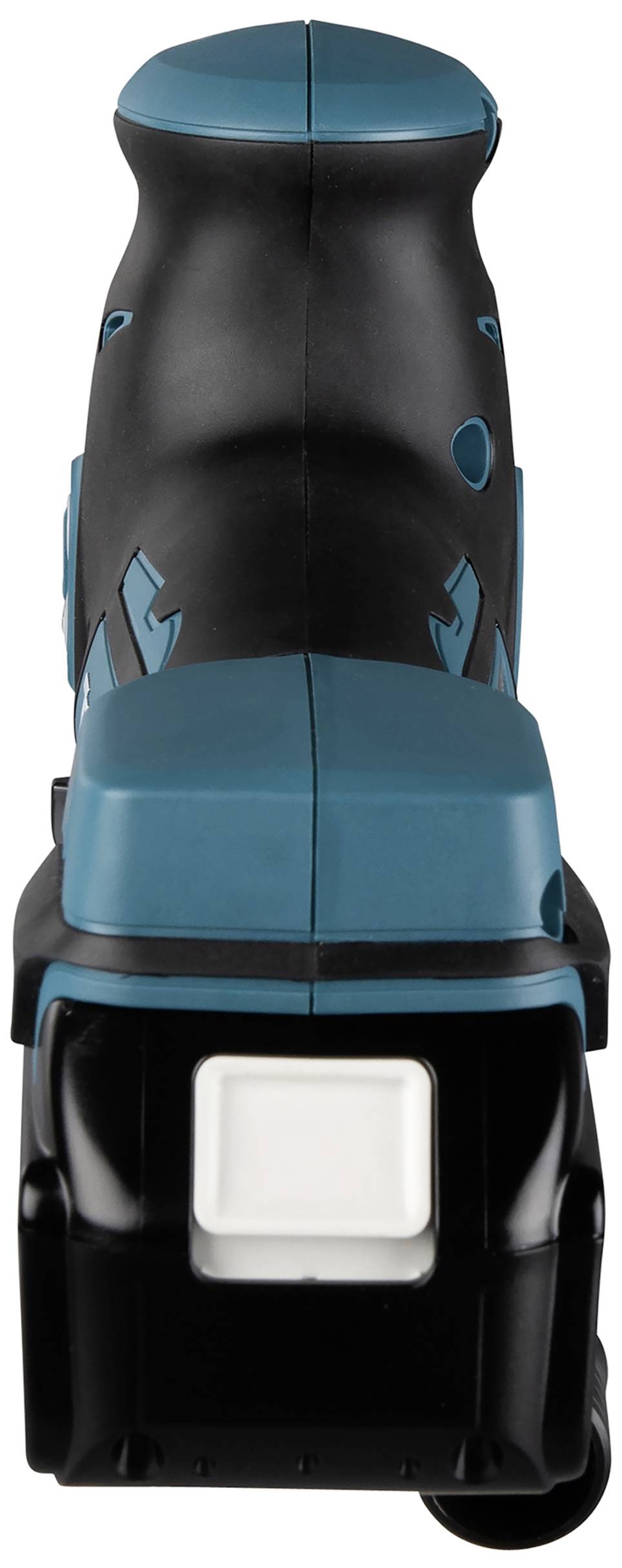 Elektrowerkzeug: Vorderansicht eines Akku-Säbelsägegriffs mit ergonomischem Design in Blau und Schwarz.