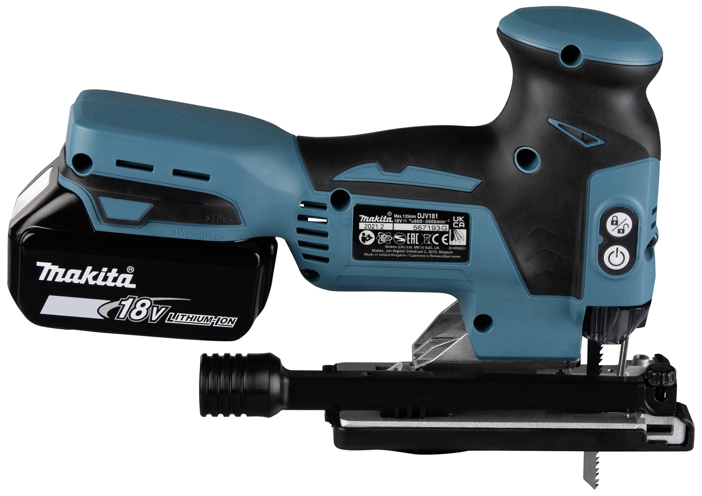 Kabellose Stichsäge, 18V, schwarz und blau, Makita-Logo. Ideal zum Schneiden von Holz und Metall mit hoher Mobilität und Benutzerfreundlichkeit.