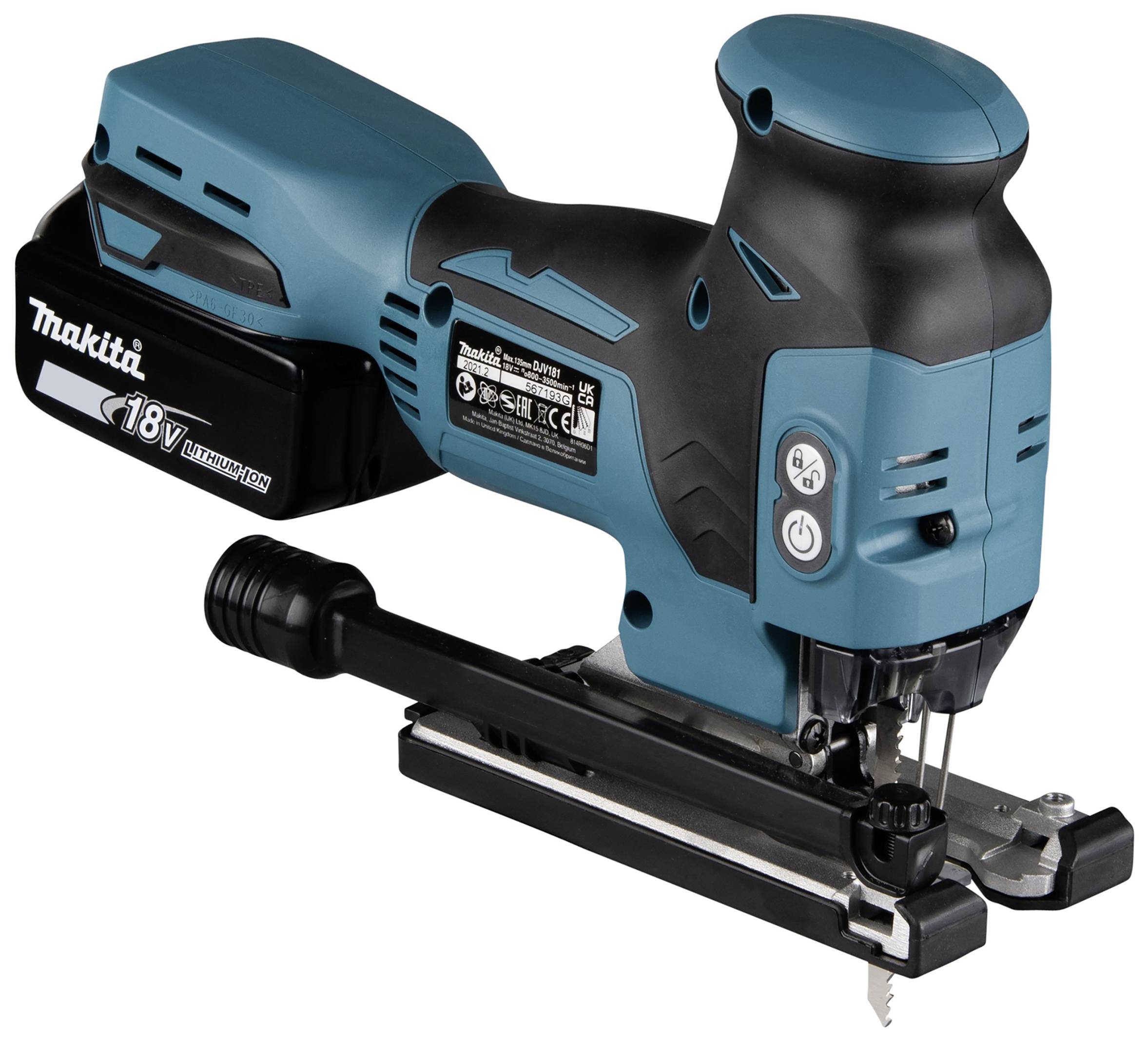 Eine blaue 18V Akku-Stichsäge mit ergonomischem Griff und Bedienelementen an der Seite.