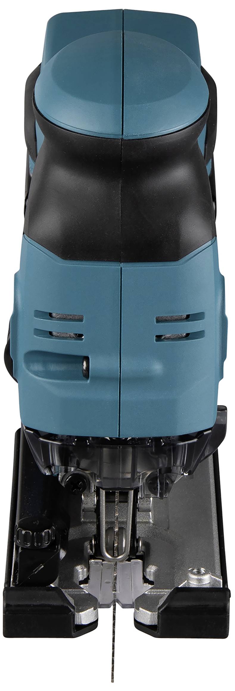 Eine elektrische Stichsäge mit blauem und schwarzem Gehäuse, von vorne gezeigt, mit sichtbarem Sägeblatt unten.