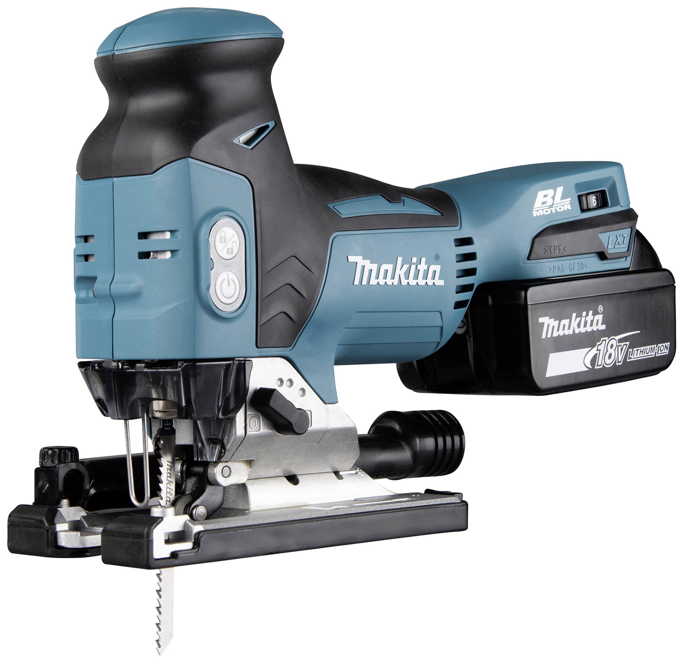 Akku-Stichsäge, blau-schwarz, mit Makita-Logo. Zeigt einen leistungsstarken, tragbaren Elektrowerkzeug-Akkubohrschrauber.