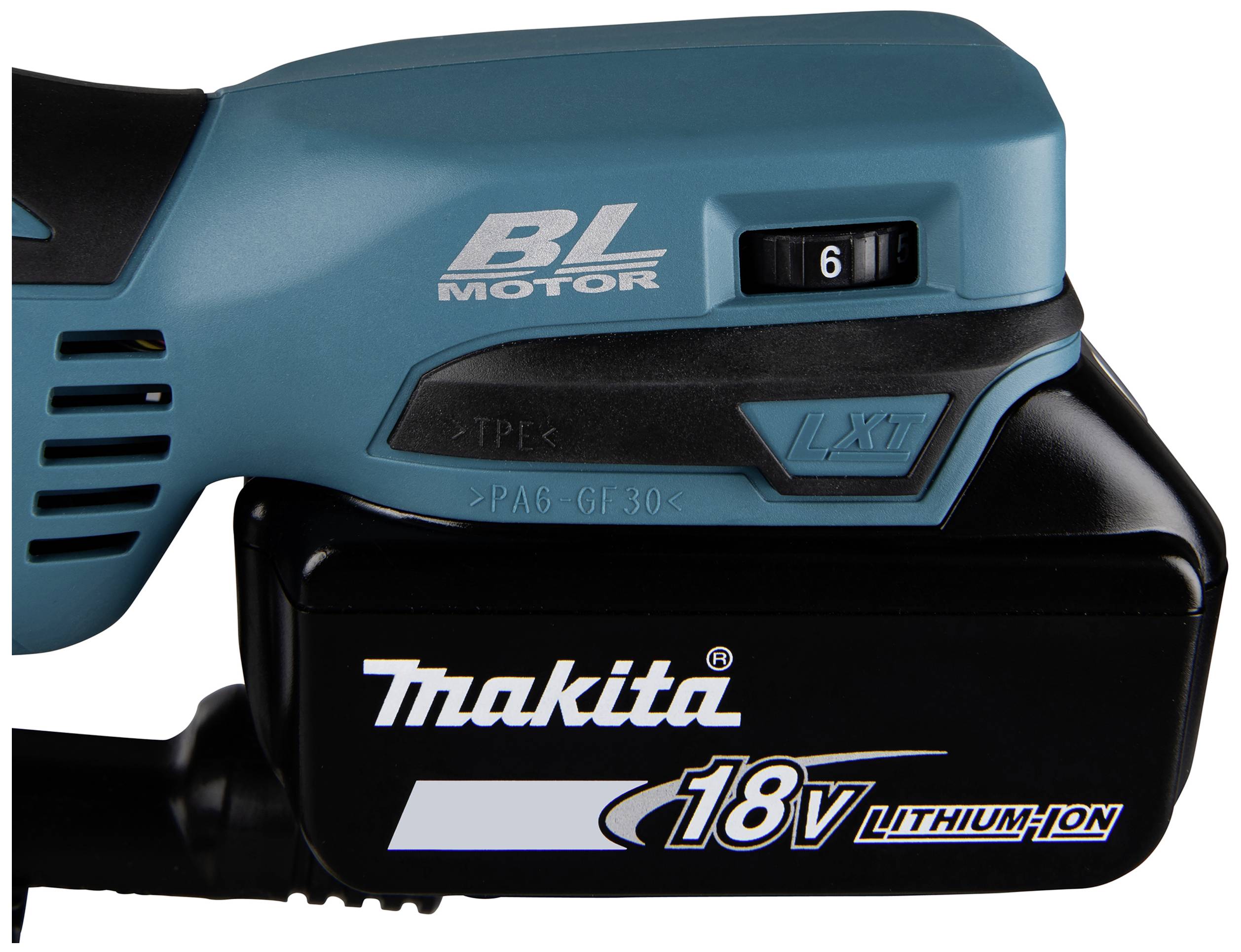 Akkuschrauber mit Makita 18V Lithium-Ionen-Akku und BL-Motor, blaue und schwarze Farbkombination, zeigt Geschwindigkeitsregelung.