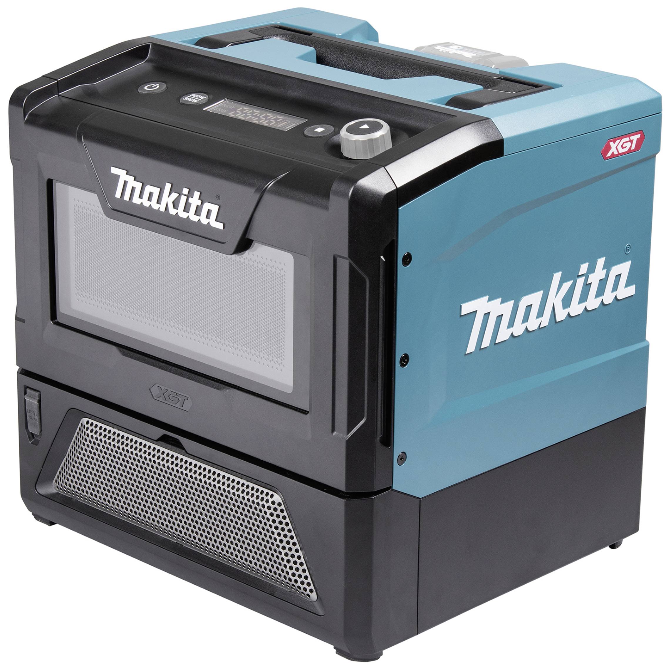 Makita tragbarer Mikrowellenofen, blau und schwarz, rechteckig, mit integriertem Griff oben.