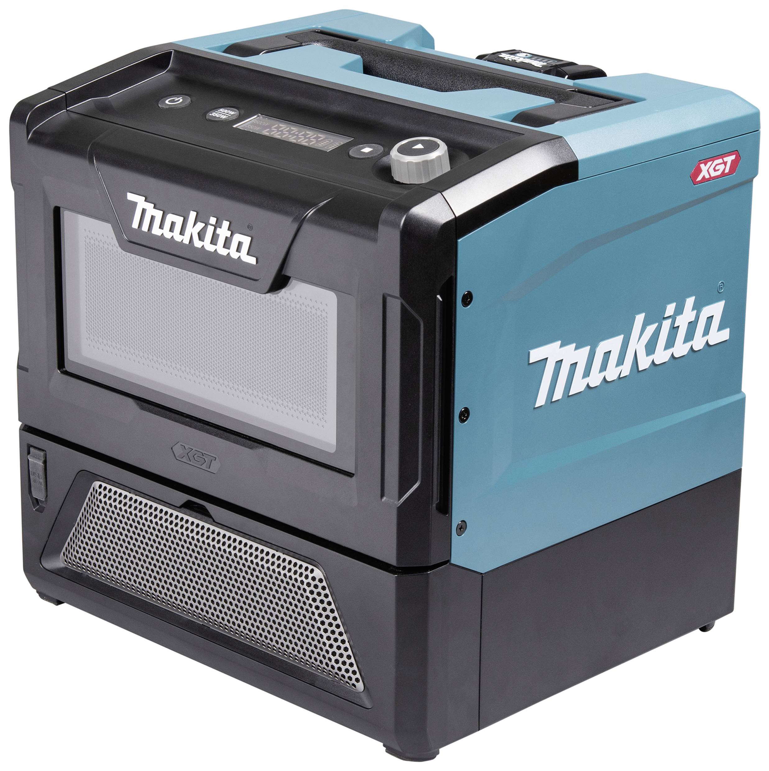 Ein tragbarer Mikrowellenofen mit robustem Design, Makita-Markenlogo. Hauptsächlich in Schwarz und Blau gehalten, geeignet für Baustellen.