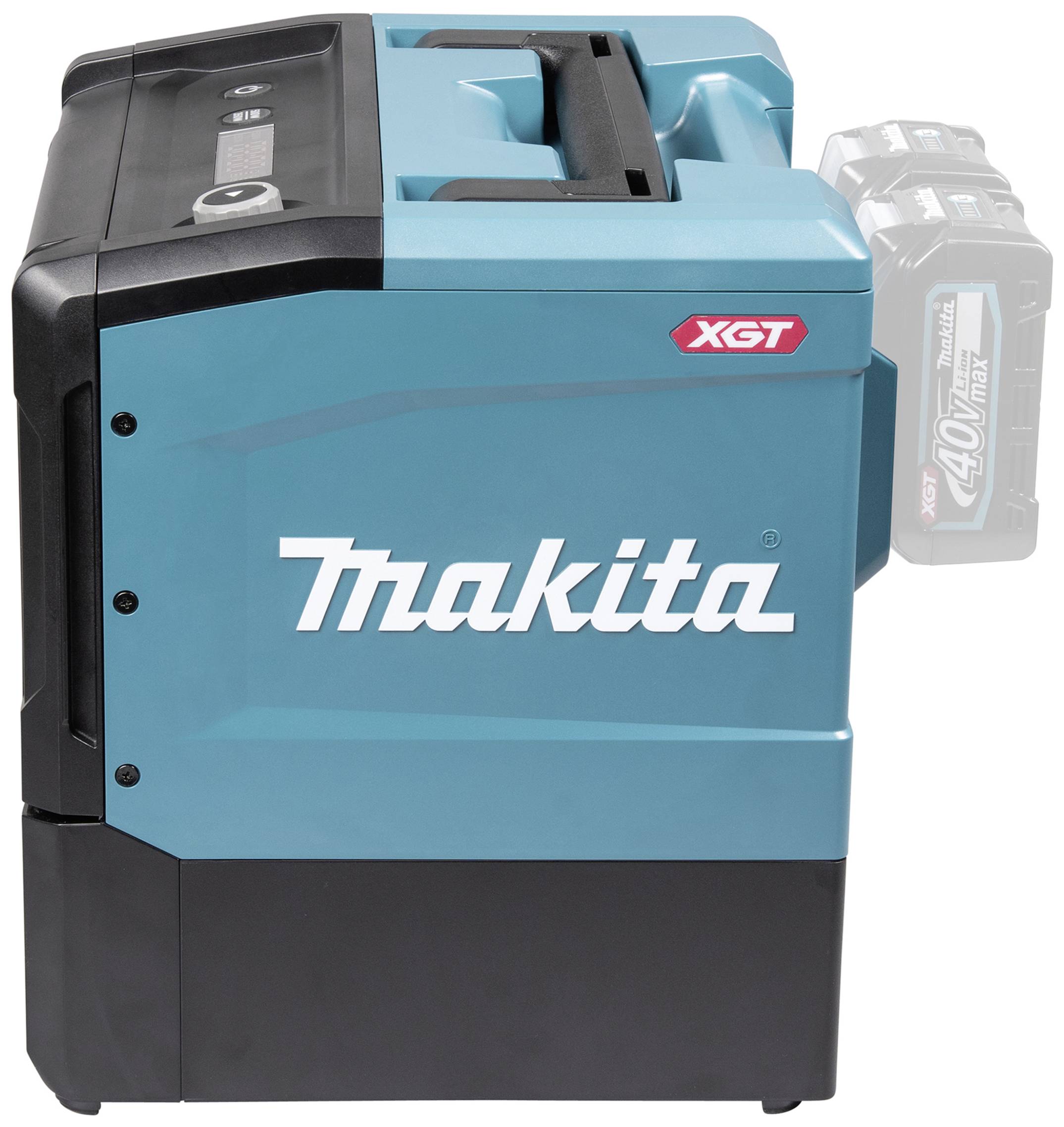 Tragbare Makita-Kühlbox in Blau mit XGT-Akku auf der rechten Seite.
